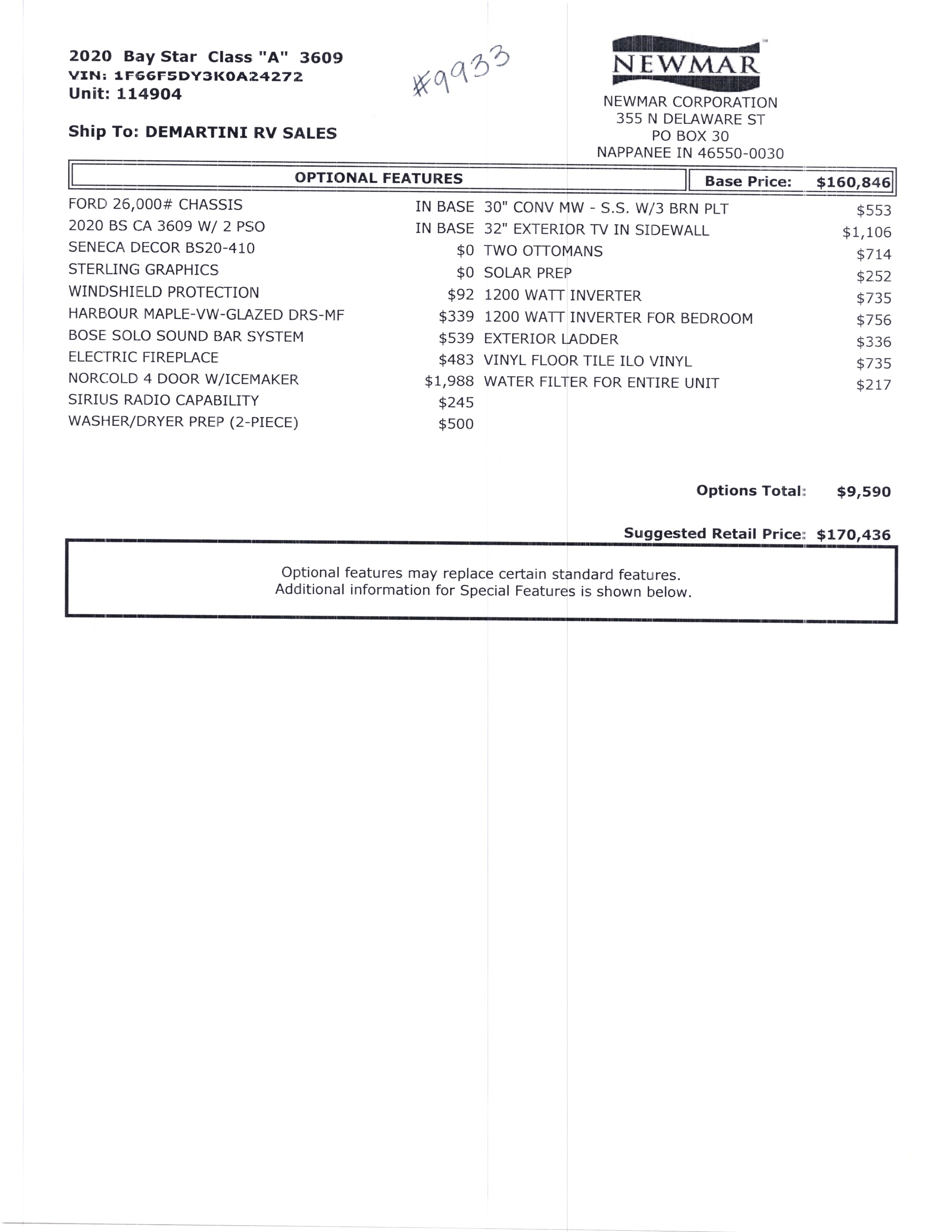 2020 Newmar Bay Star 3609 MSRP Sheet