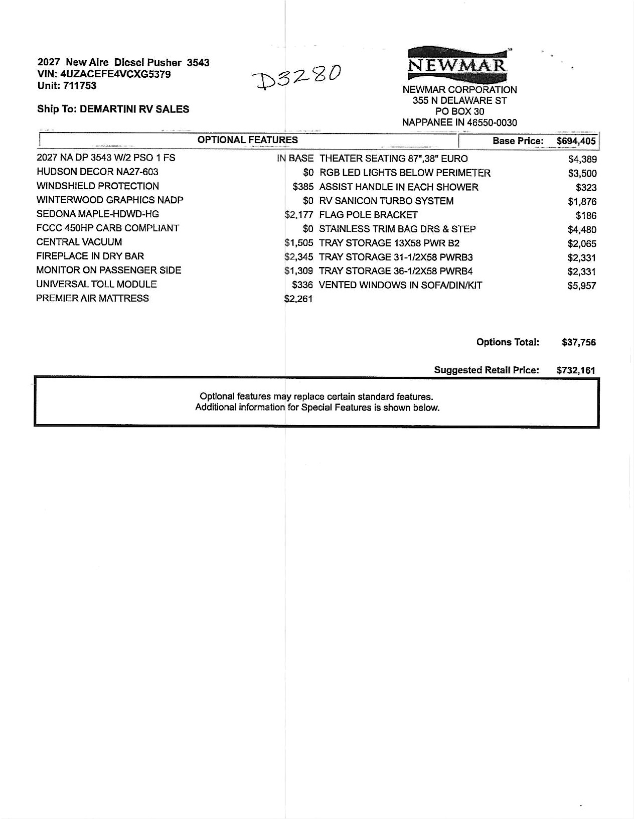 2027 Newmar New Aire 3543 MSRP Sheet