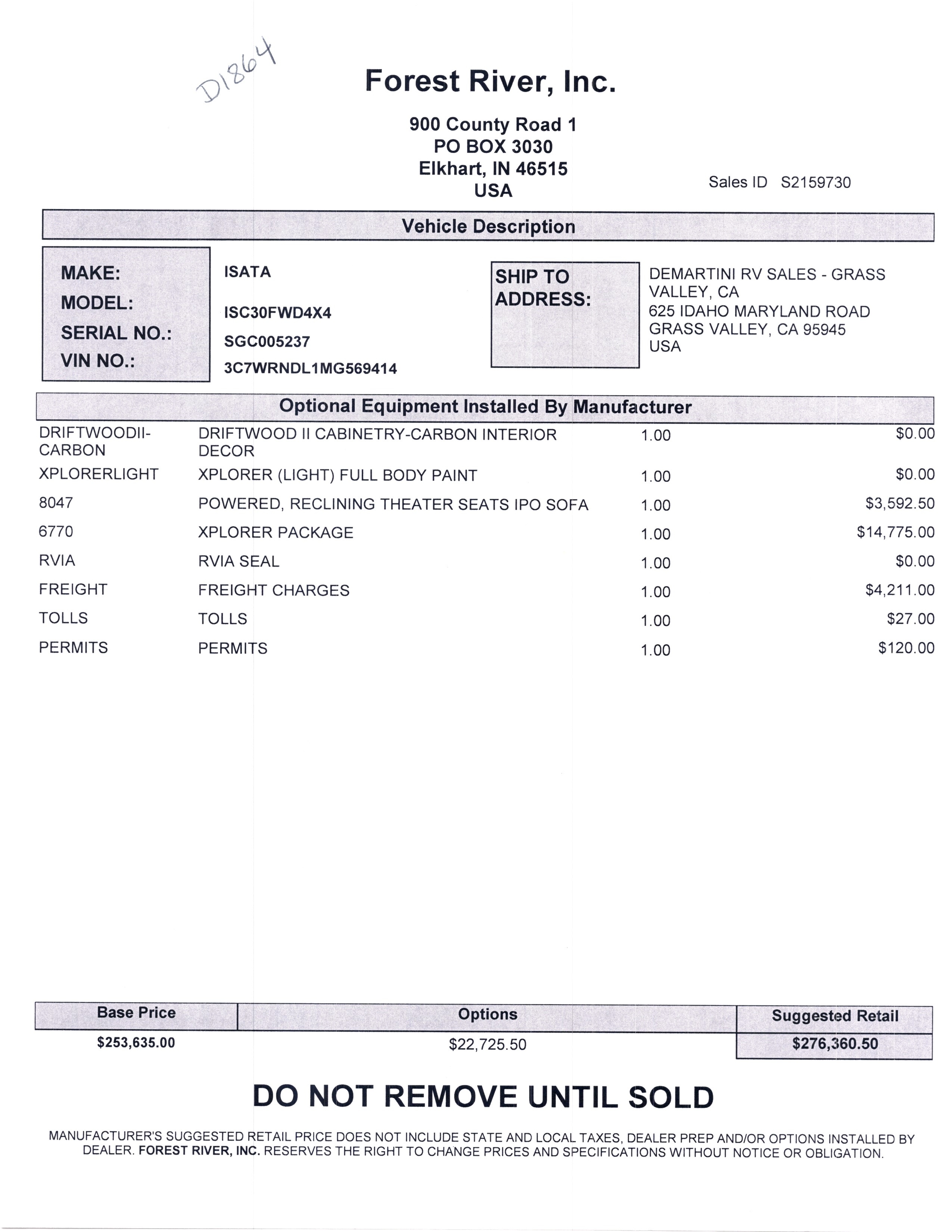 2022 Dynamax Isata 5 4x4 30FW with Xplorer Package MSRP Sheet