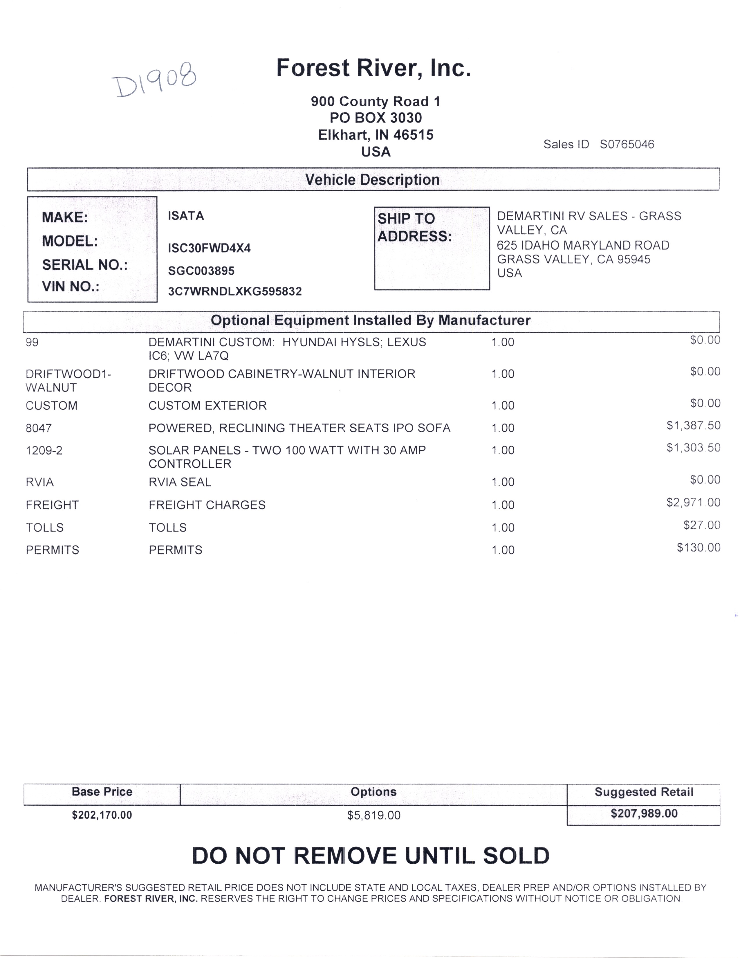 2021 Dynamax Isata 5 4x4 30FW MSRP Sheet