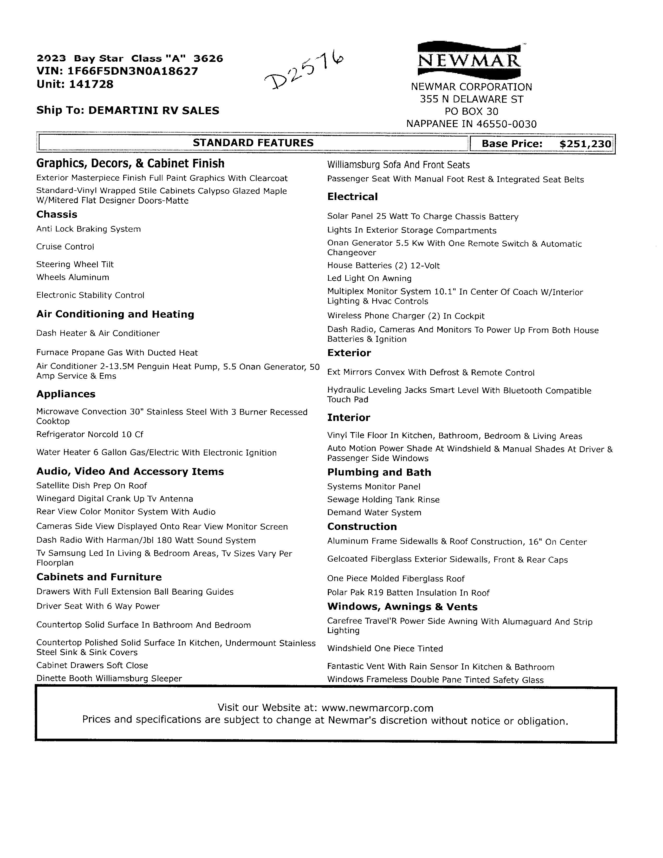 2023 Newmar Bay Star 3626 MSRP Sheet