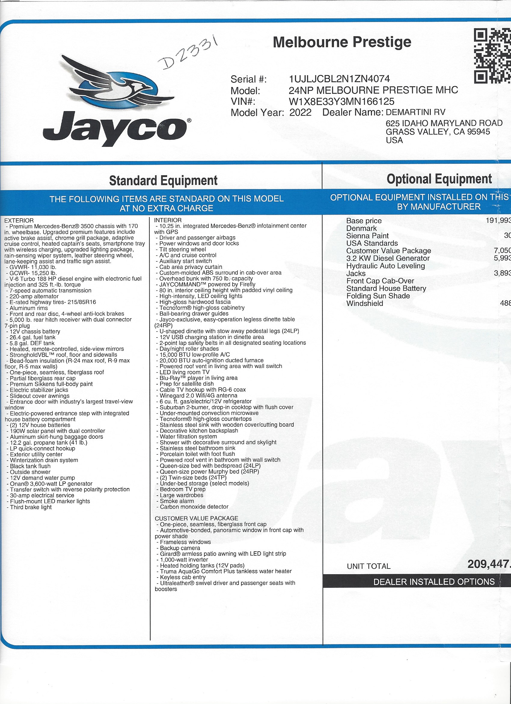 2022 Jayco Melbourne Prestige 24NP MSRP Sheet