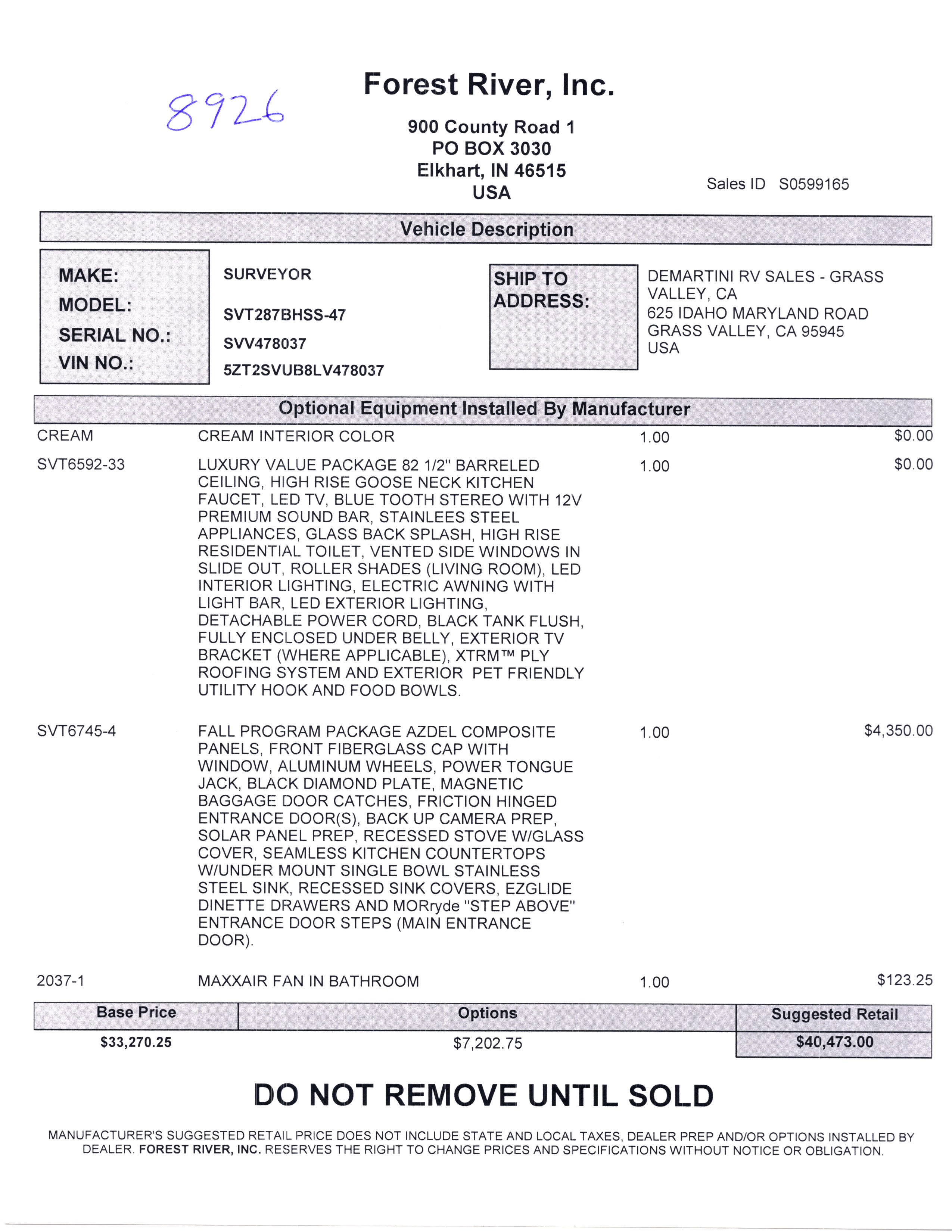 2020 Forest River Surveyor Luxury 287BHSS MSRP Sheet