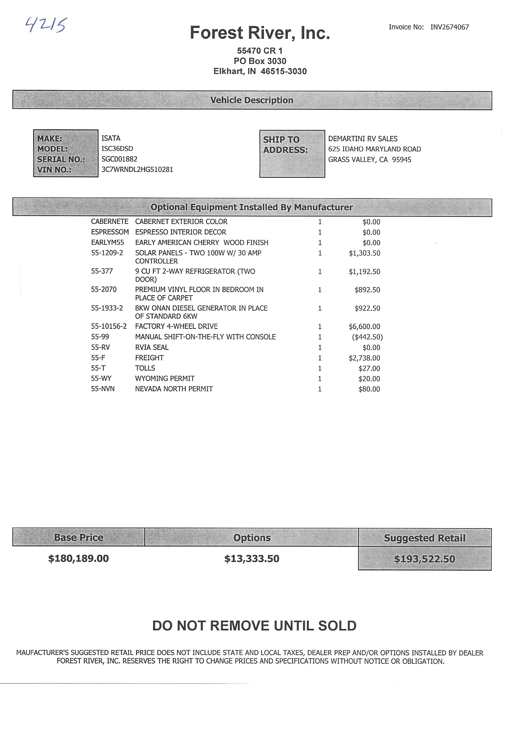 2018 Dynamax Isata 5 36DS MSRP Sheet