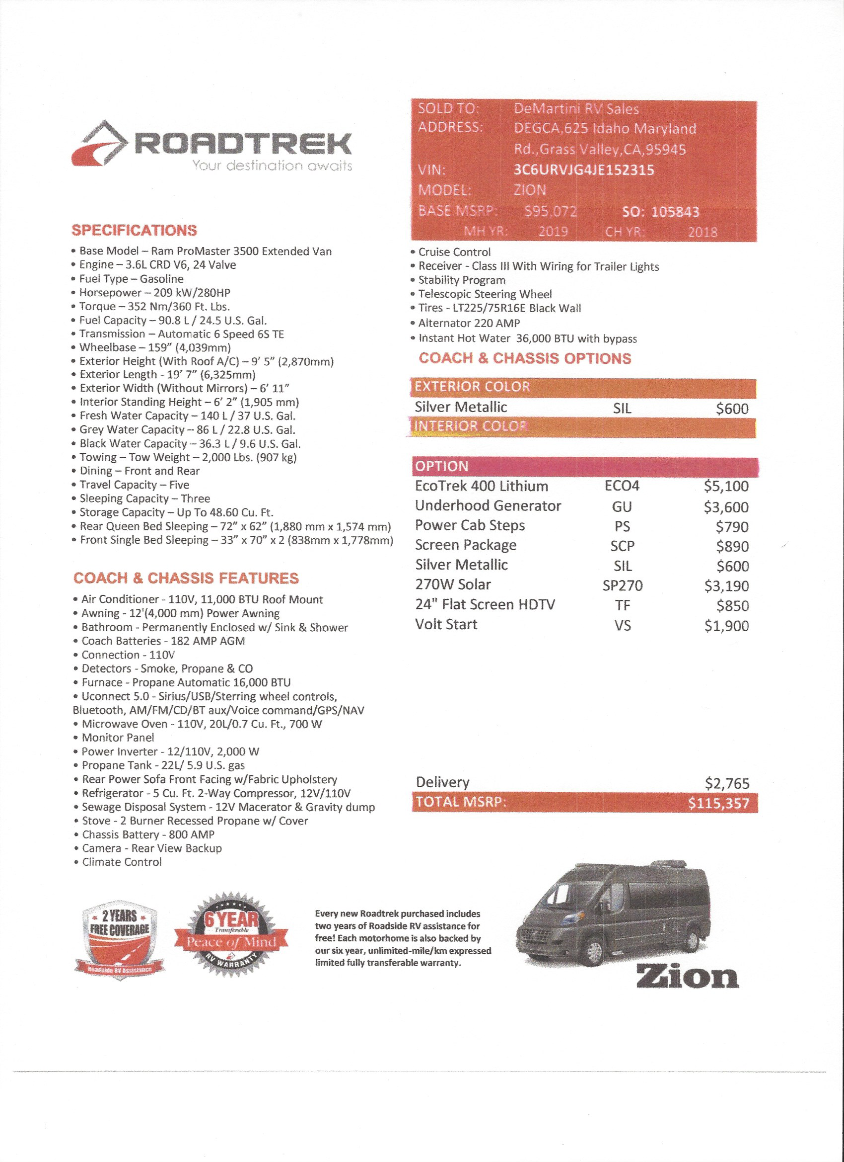 2019 Roadtrek Zion MSRP Sheet