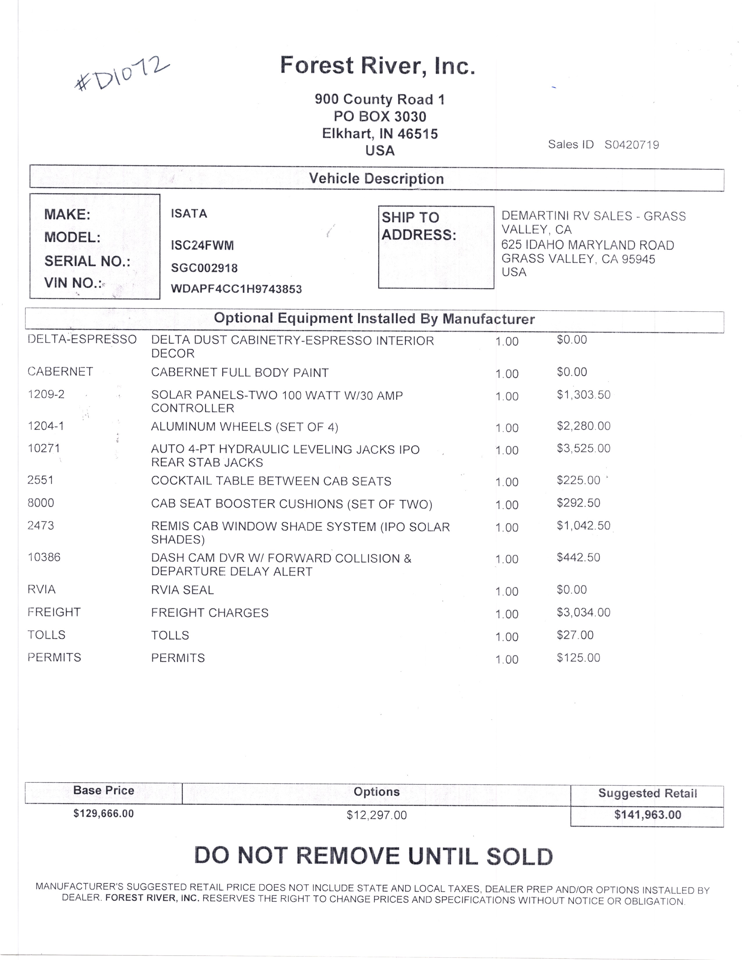 2019 Dynamax Isata 3 24FW MSRP Sheet