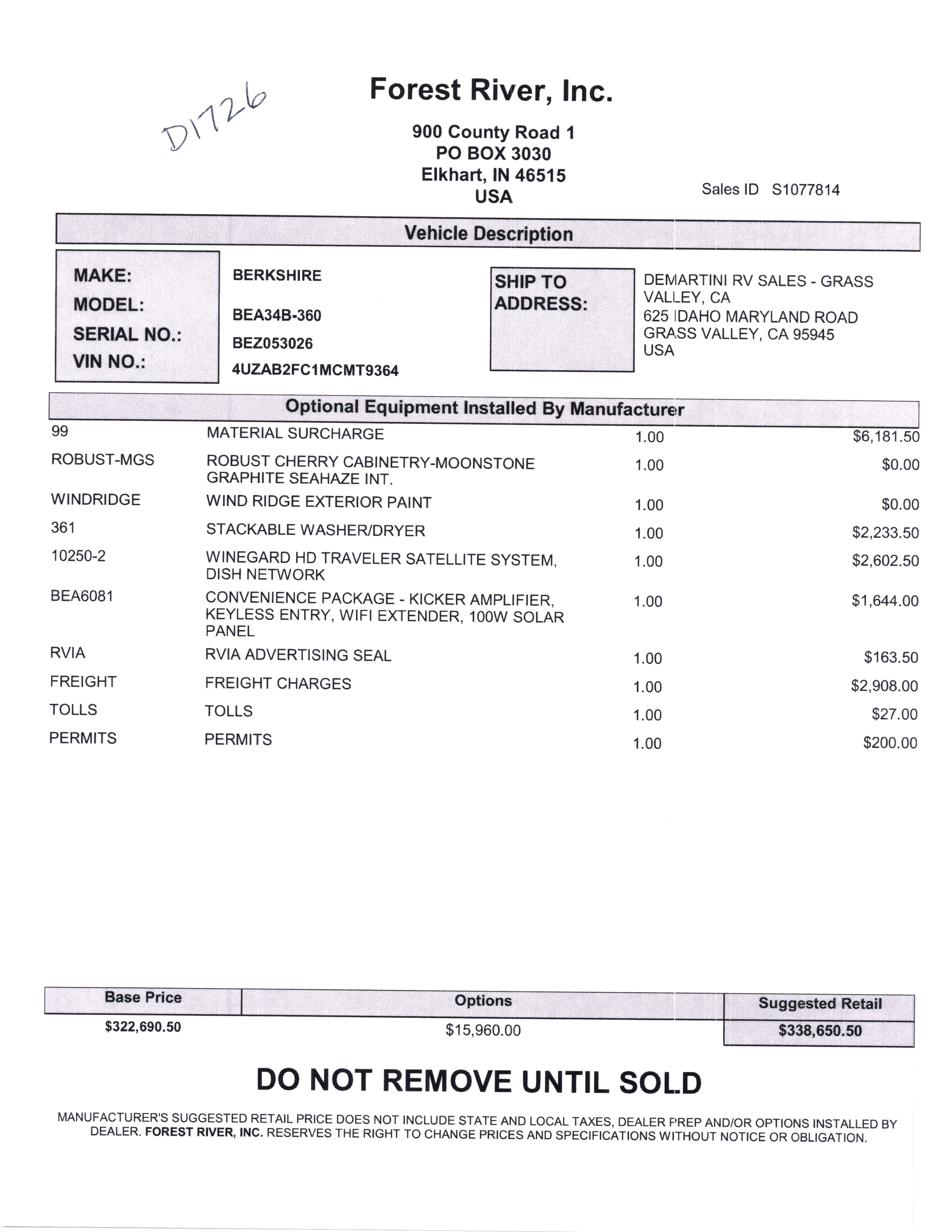 2021 Forest River Berkshire 34B MSRP Sheet