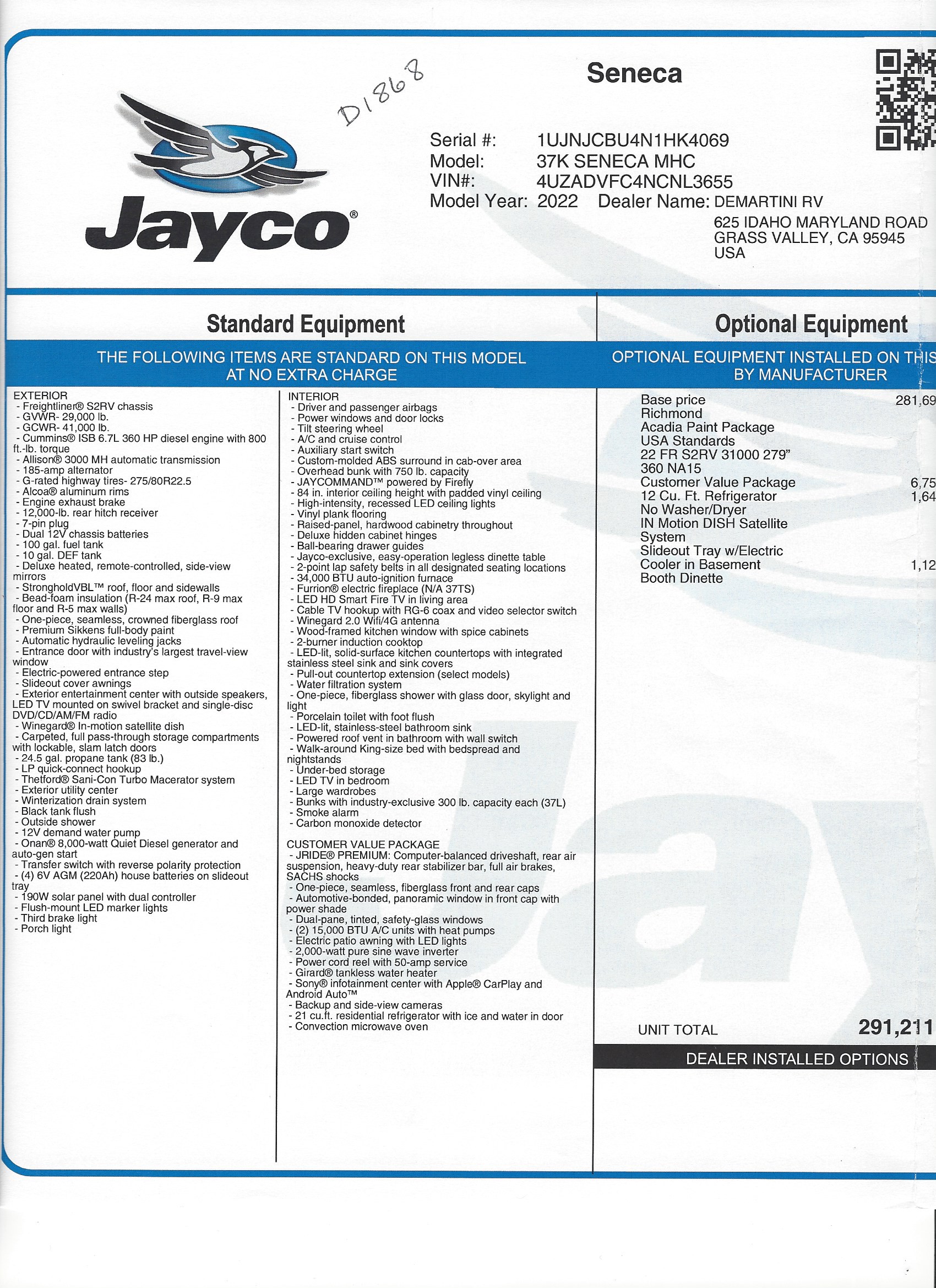 2022 Jayco Seneca 37K MSRP Sheet