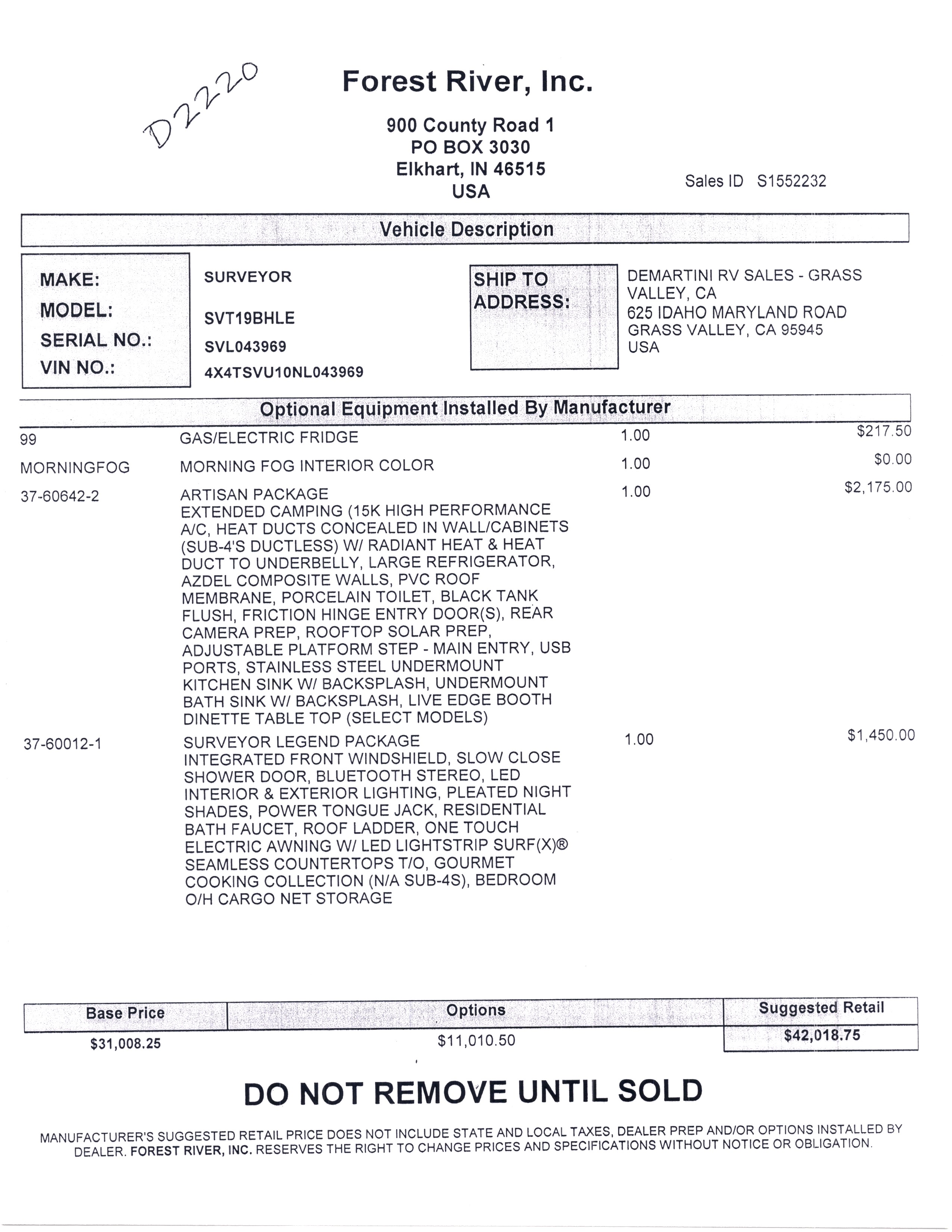 2022 Forest River Surveyor Legend 19BHLE MSRP Sheet