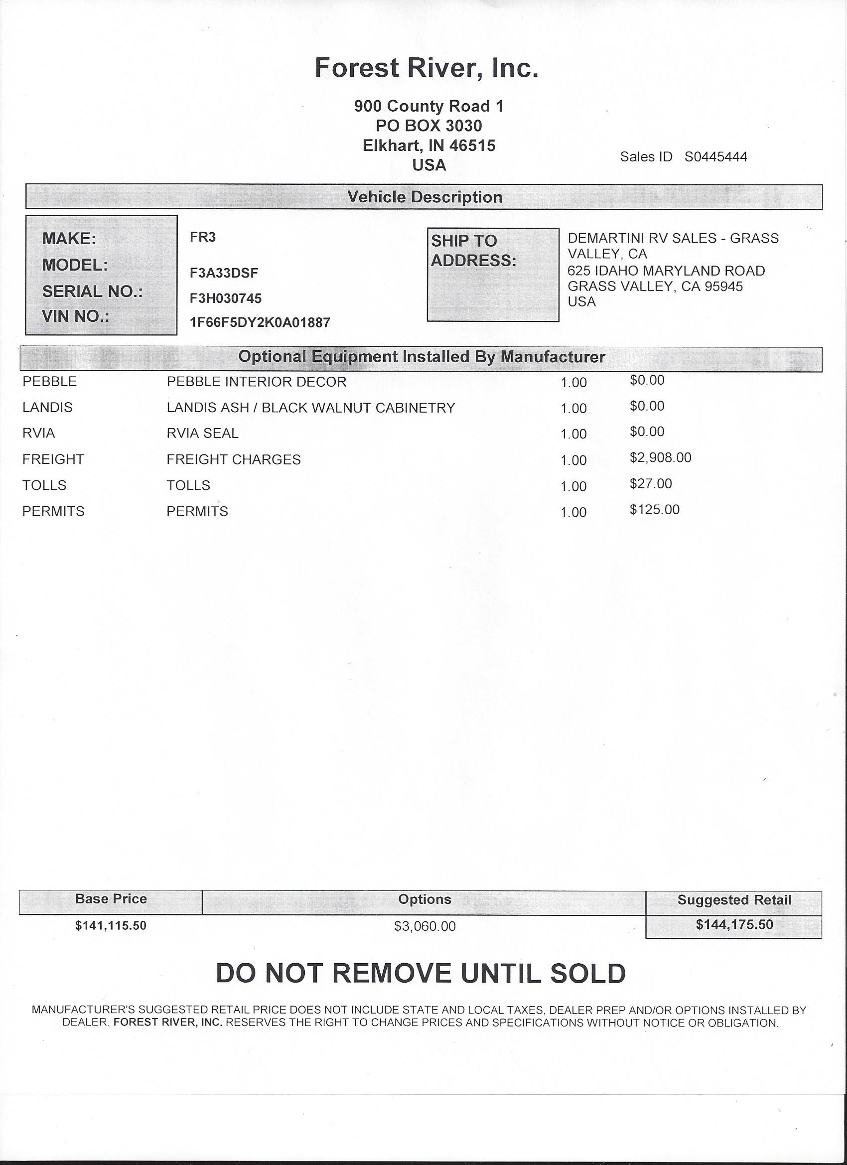 2019 Forest River FR3 33DS MSRP Sheet