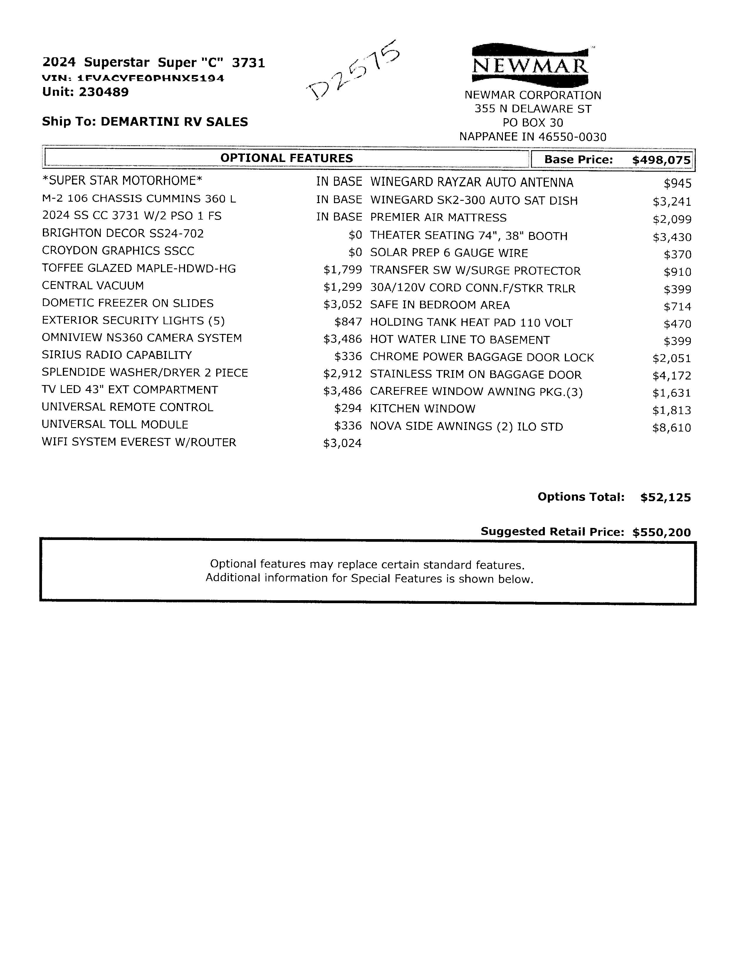 2024 Newmar Super Star 3731 MSRP Sheet