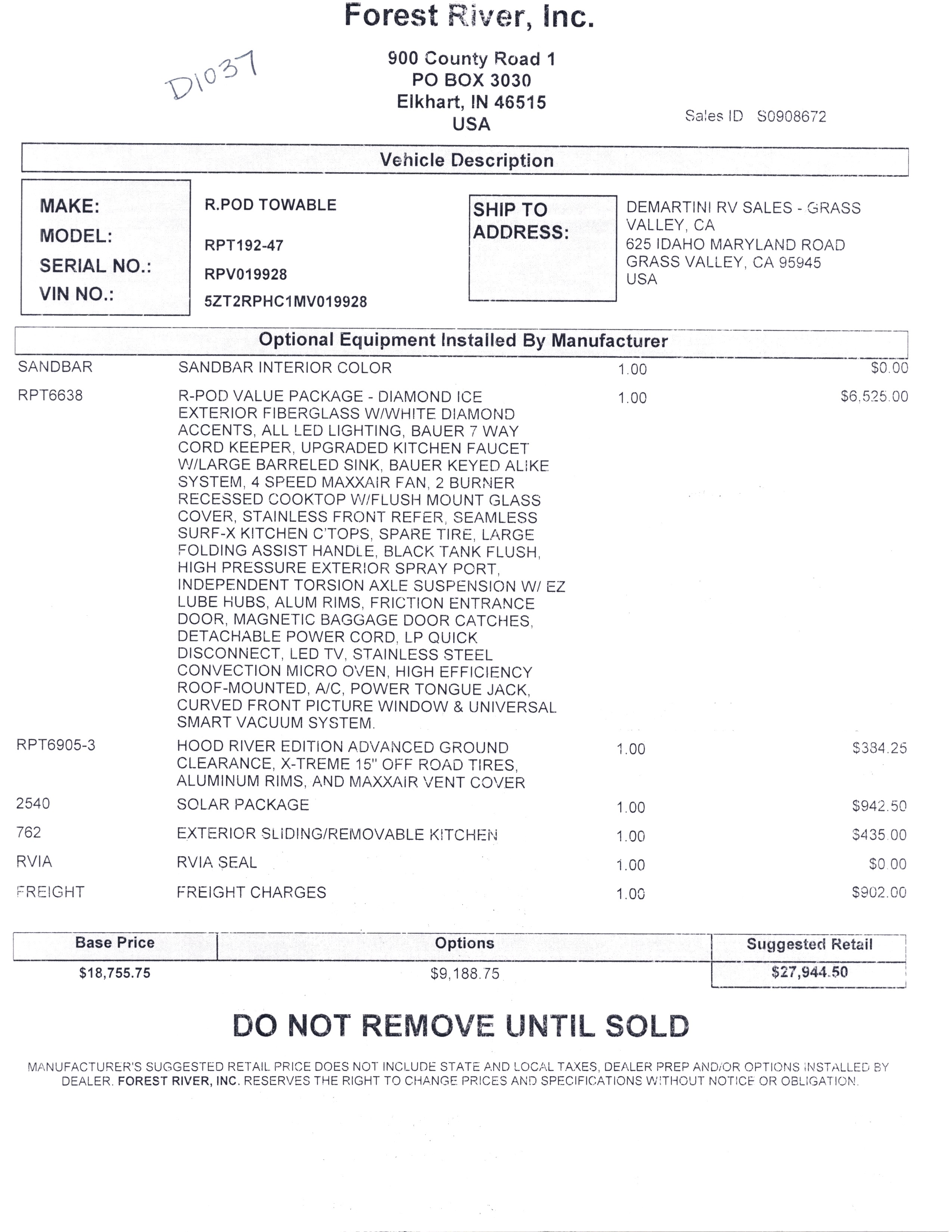 2021 Forest River R-Pod 192 MSRP Sheet