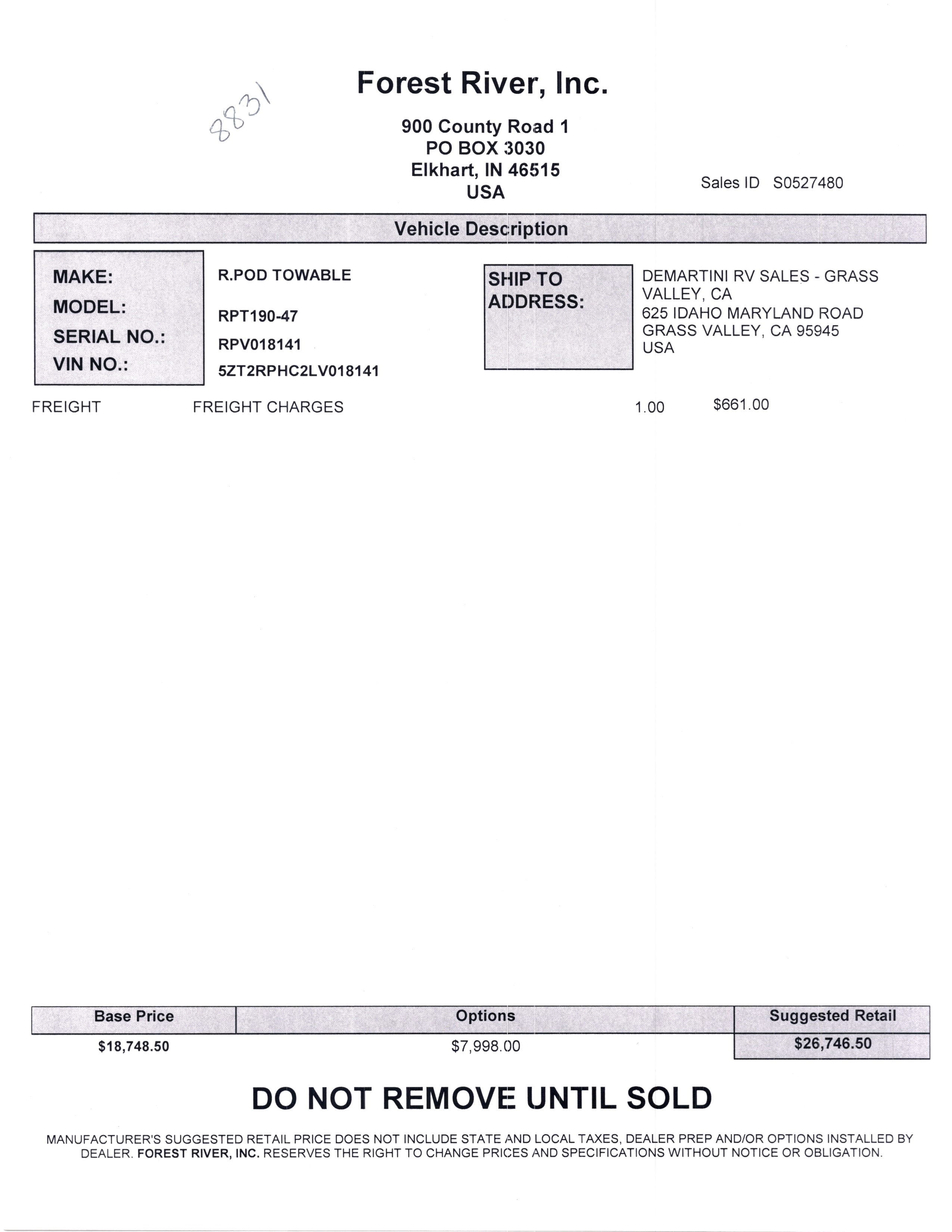 2020 Forest River R-Pod 190 MSRP Sheet