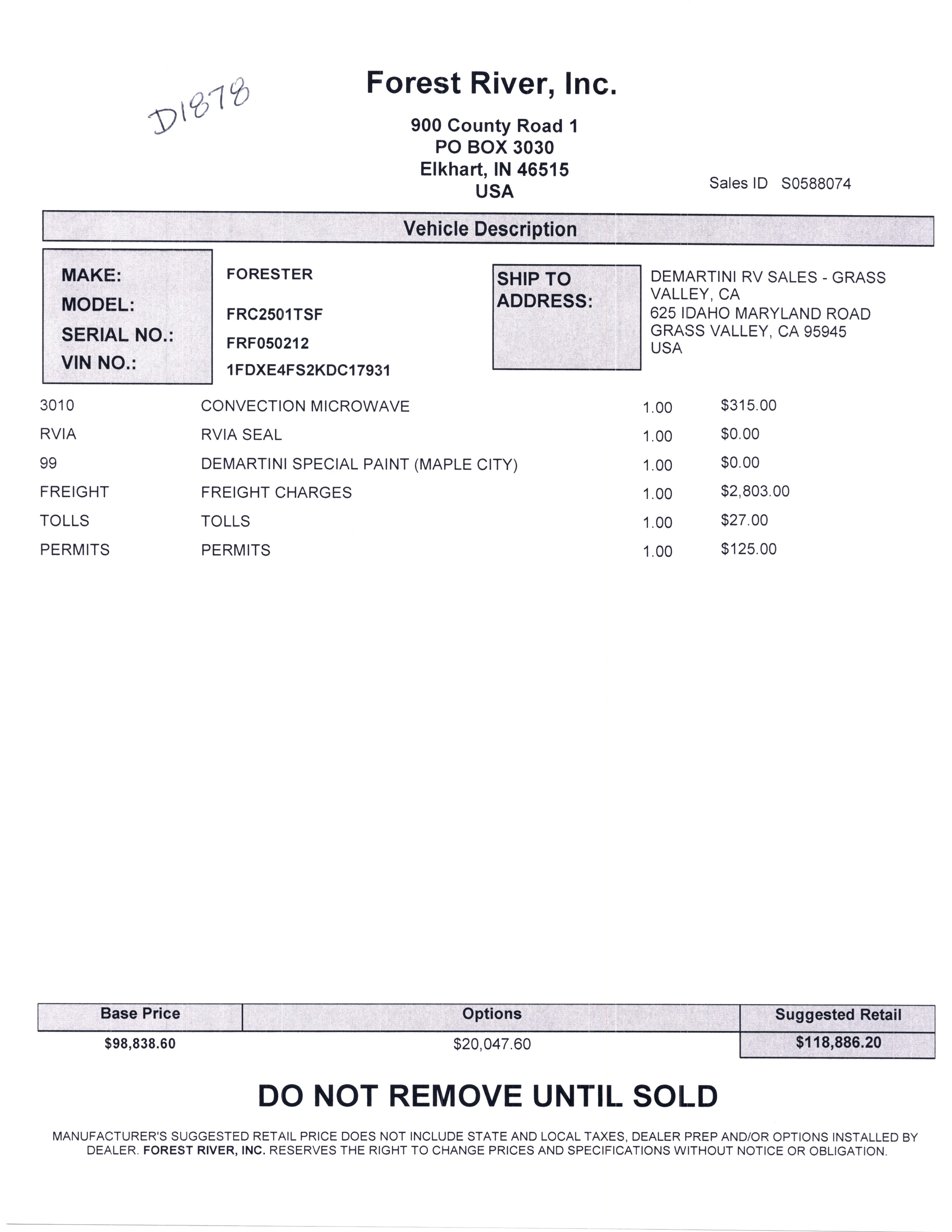 2020 Forest River Forester Classic 2501TS MSRP Sheet