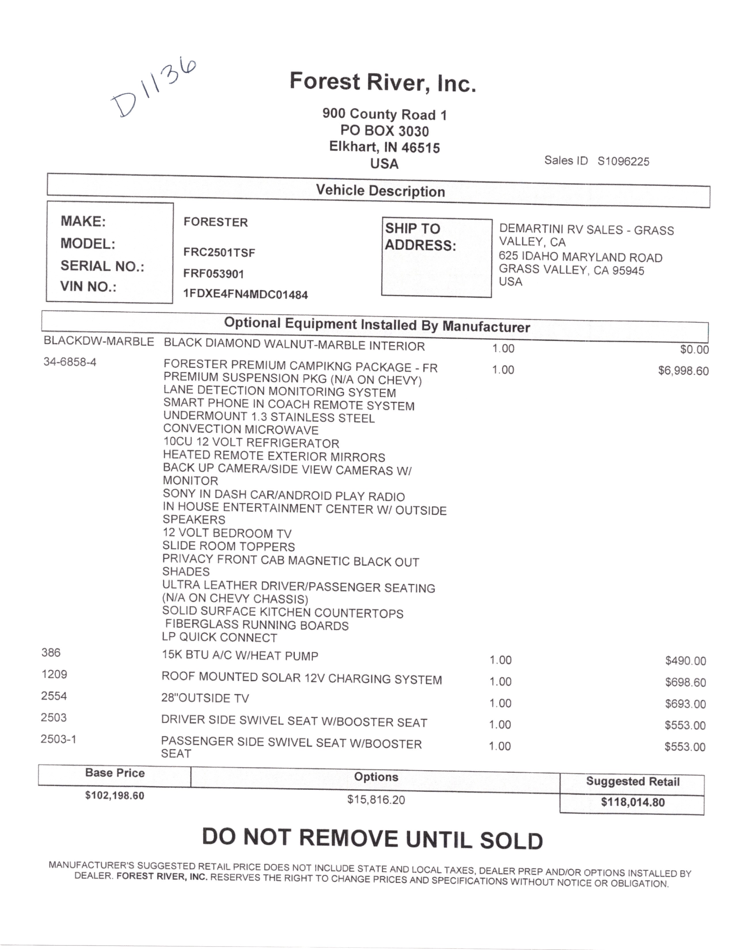 2021 Forest River Forester 2501TS MSRP Sheet