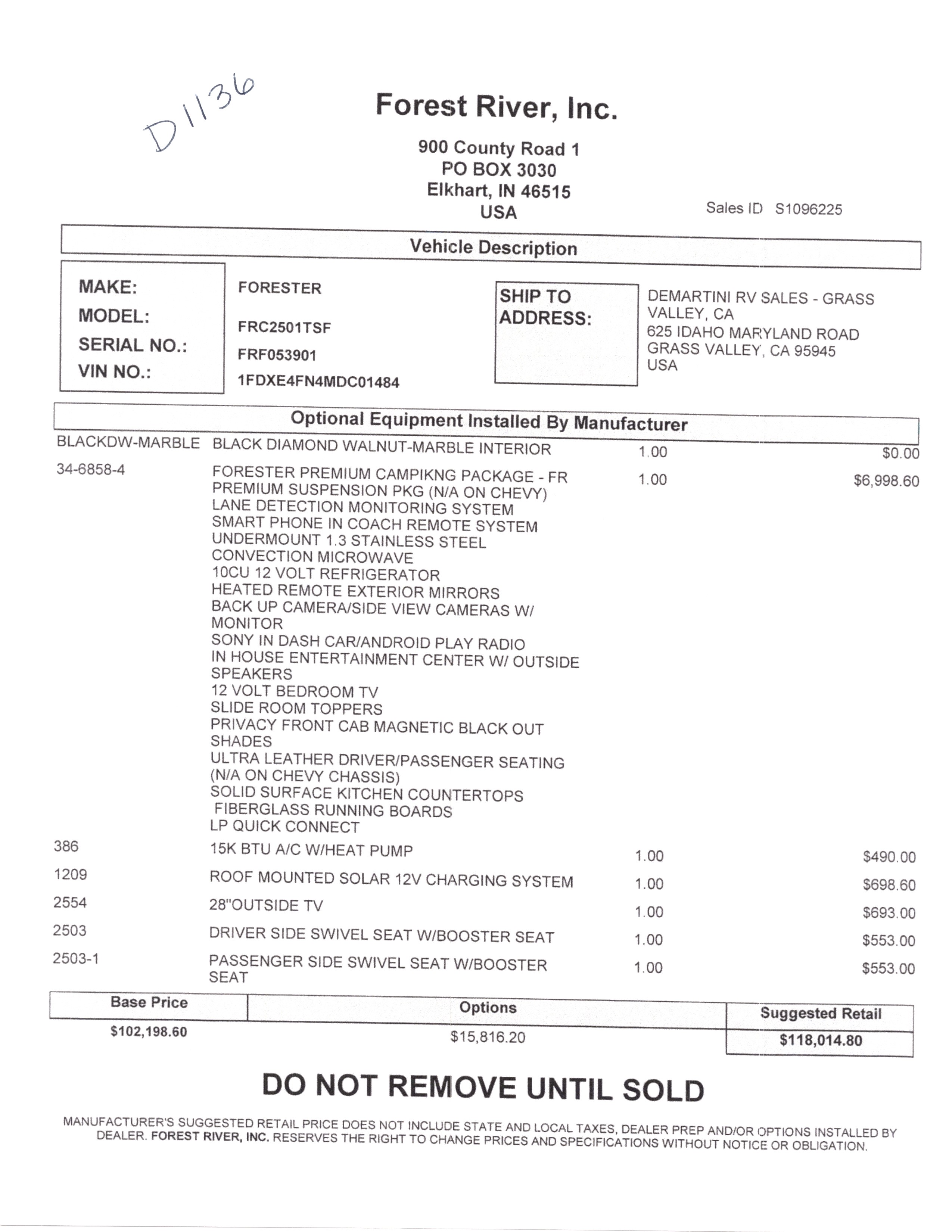 2021 Forest River Forester 2501TS MSRP Sheet