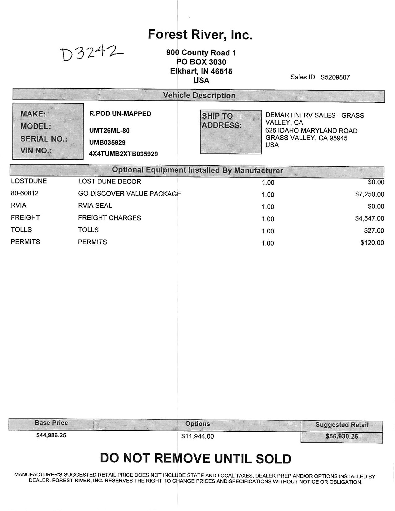 2026 Forest River R-Pod Un-Mapped 26ML MSRP Sheet