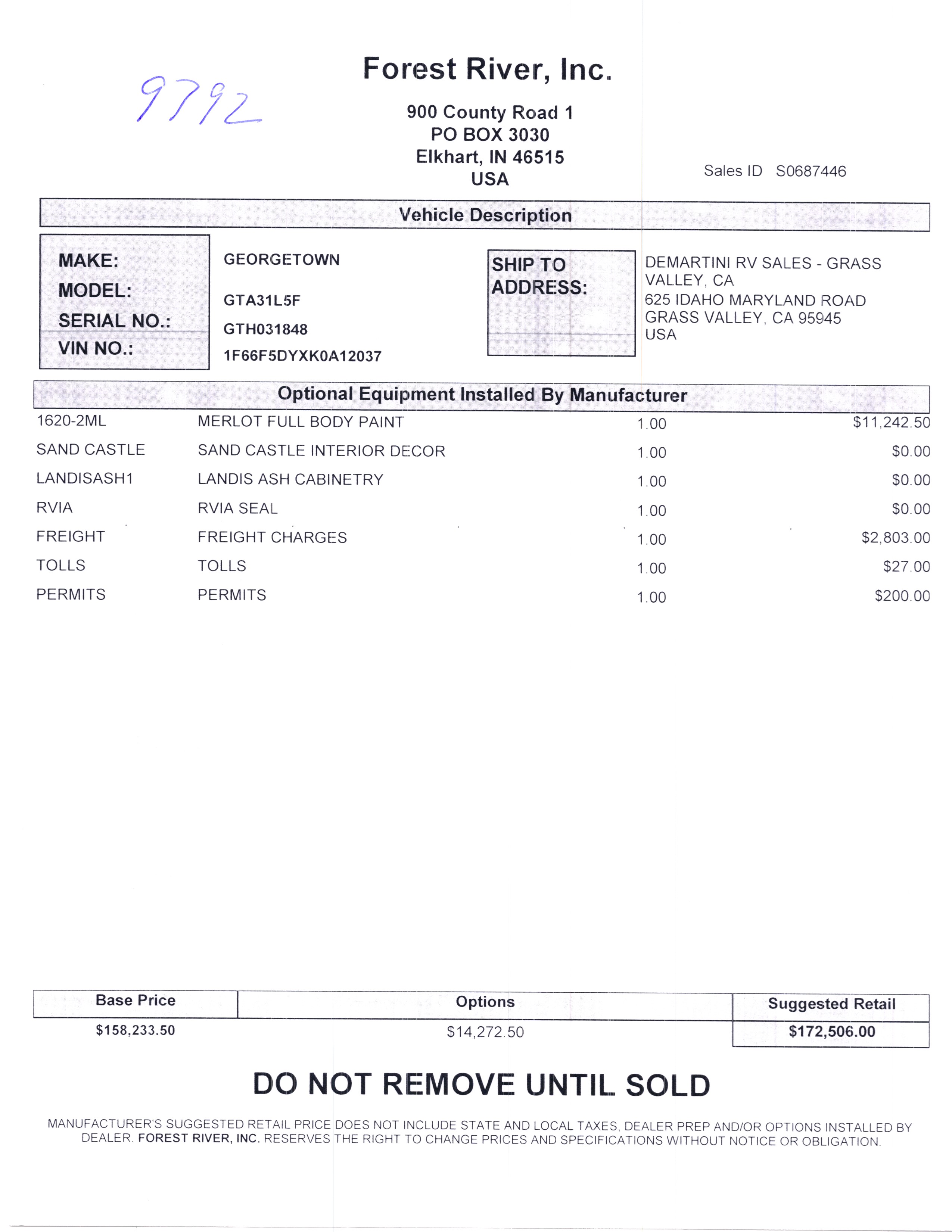 2020 Forest River Georgetown GT5 31L5 MSRP Sheet