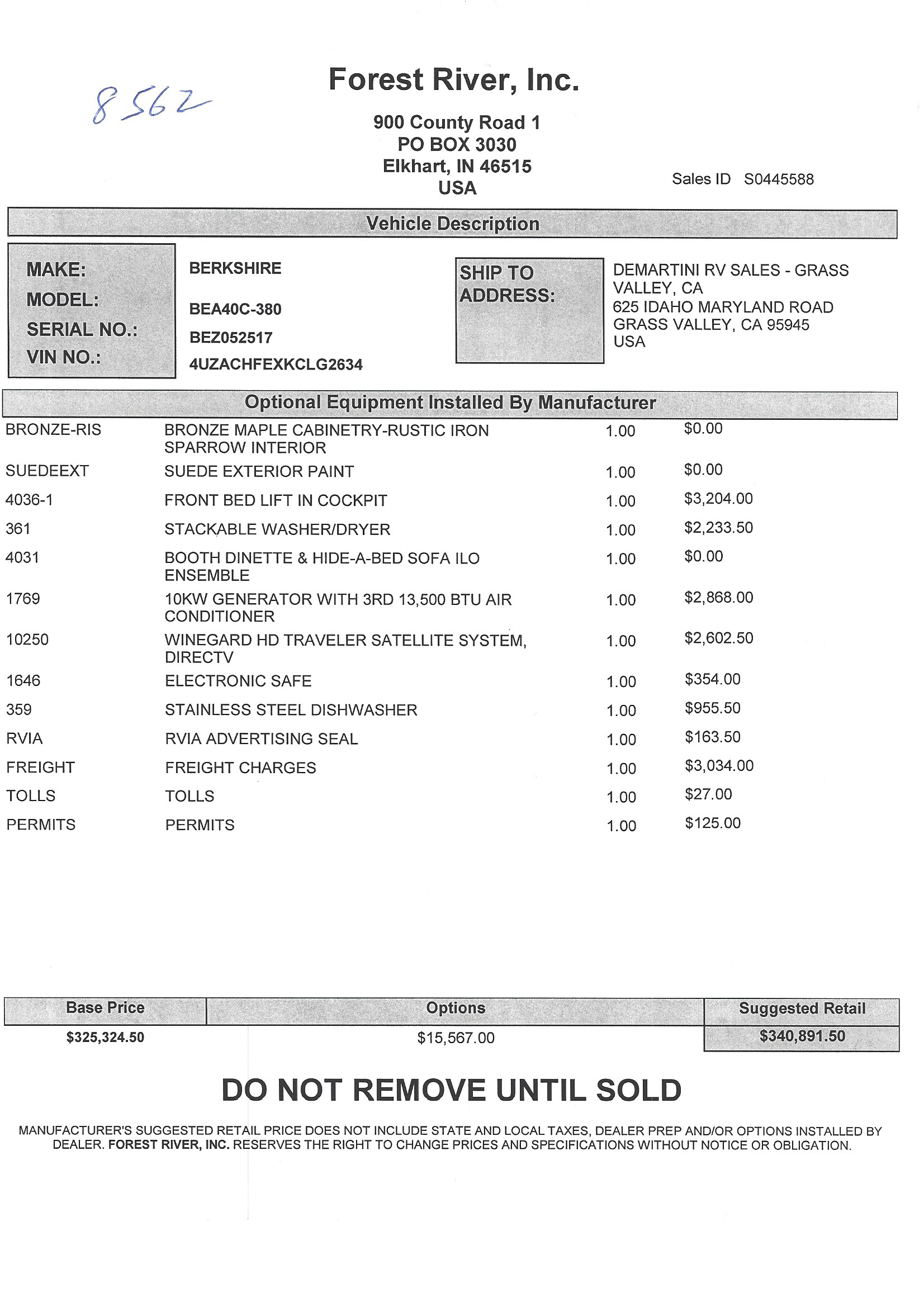 2019 Forest River Berkshire XL 40C MSRP Sheet