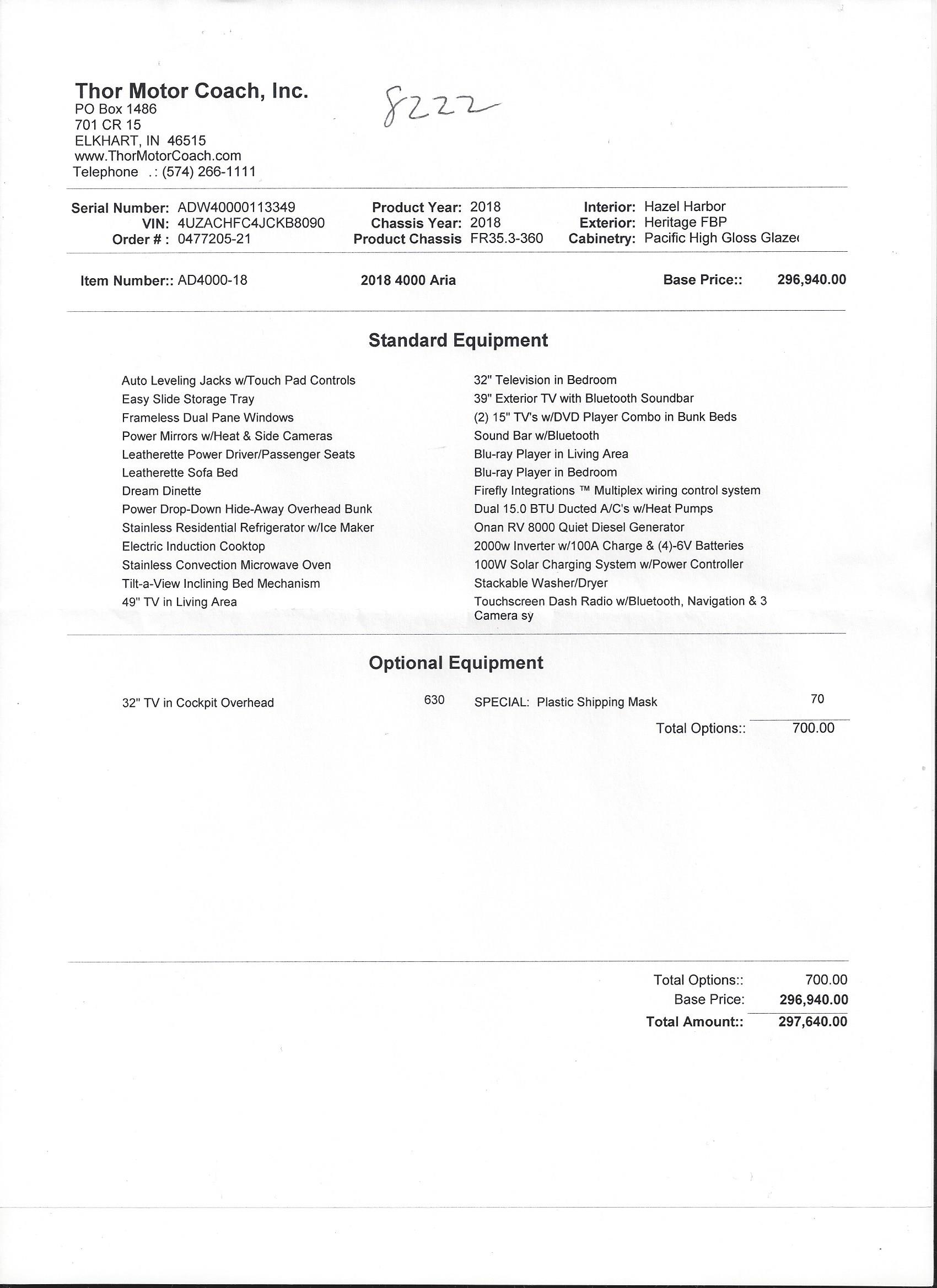 2018 Thor Aria 4000 MSRP Sheet