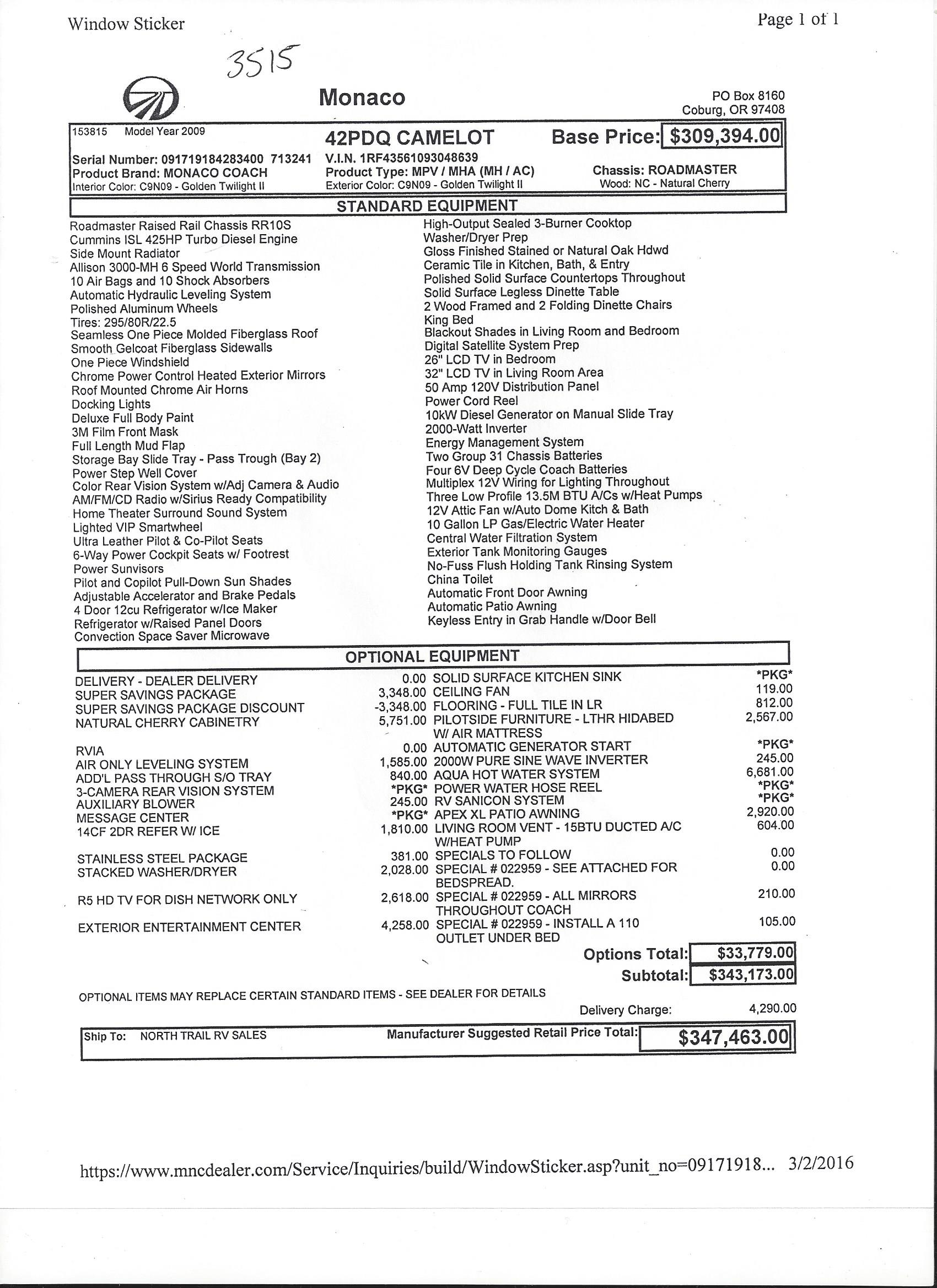 2009 Monaco Camelot 42PDQ MSRP Sheet