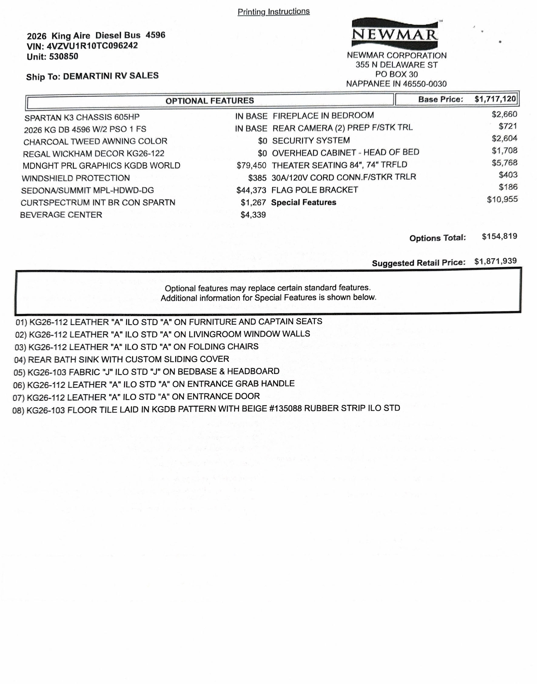 2026 Newmar King Aire 4596 MSRP Sheet
