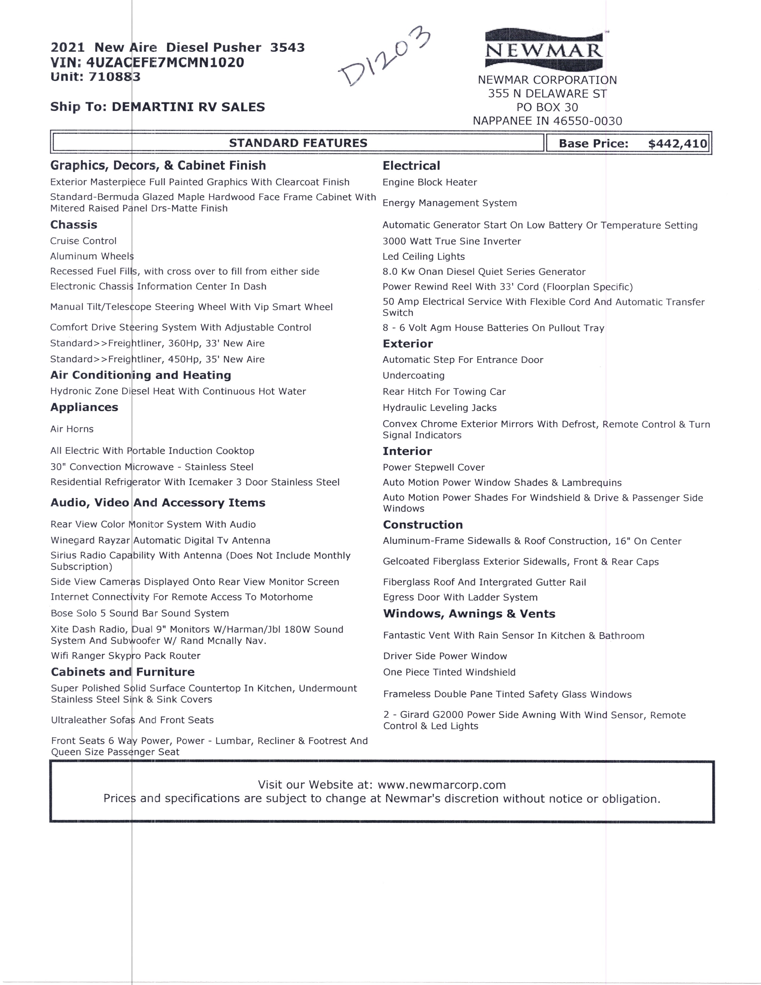 2021 Newmar New Aire 3543 MSRP Sheet