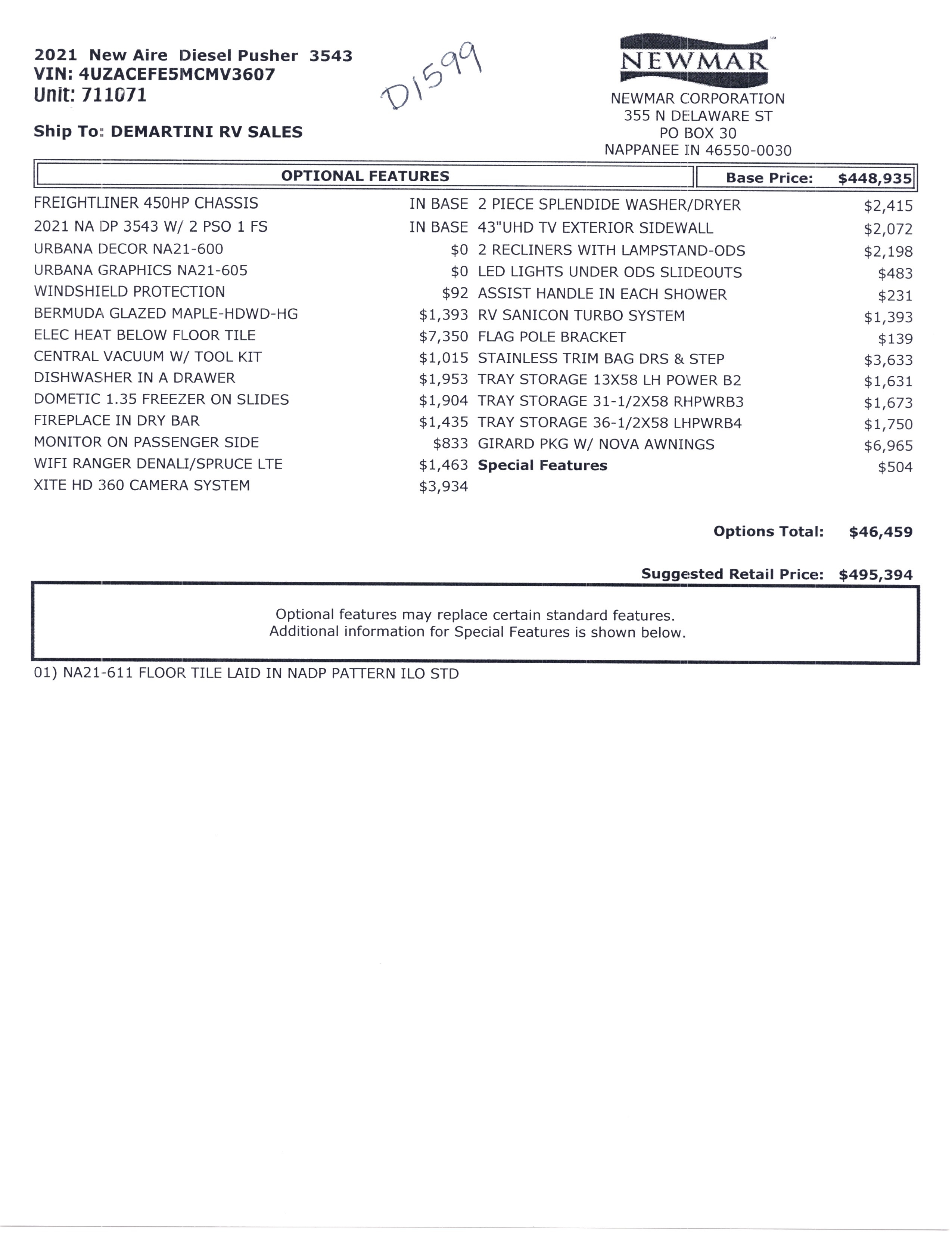 2021 Newmar New Aire 3543 MSRP Sheet