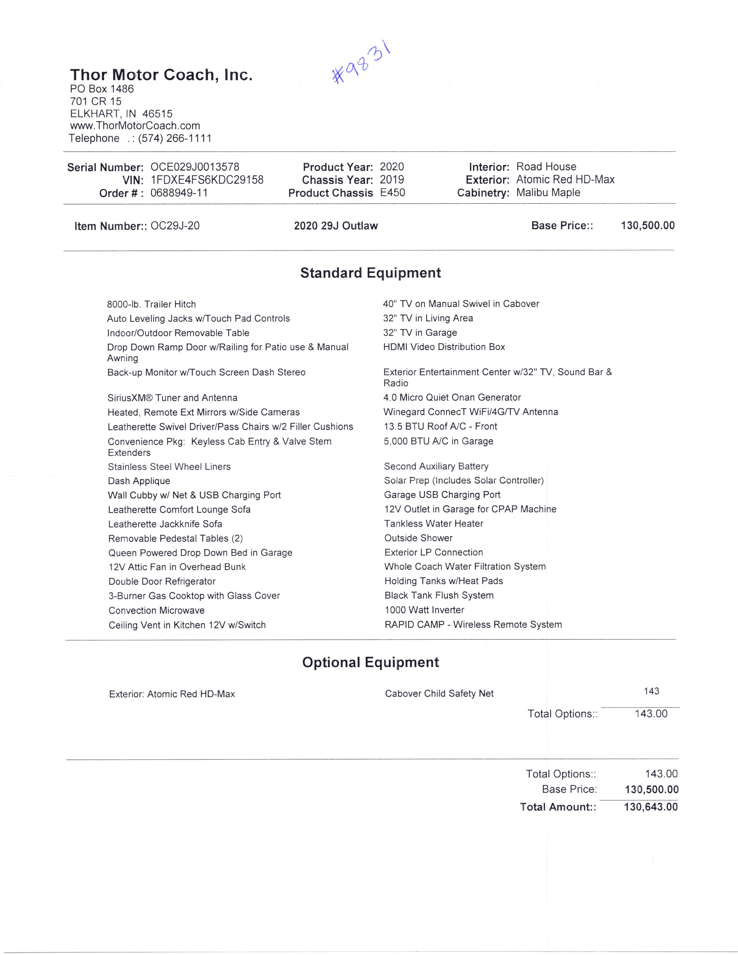 2020 Thor Outlaw 29J MSRP Sheet