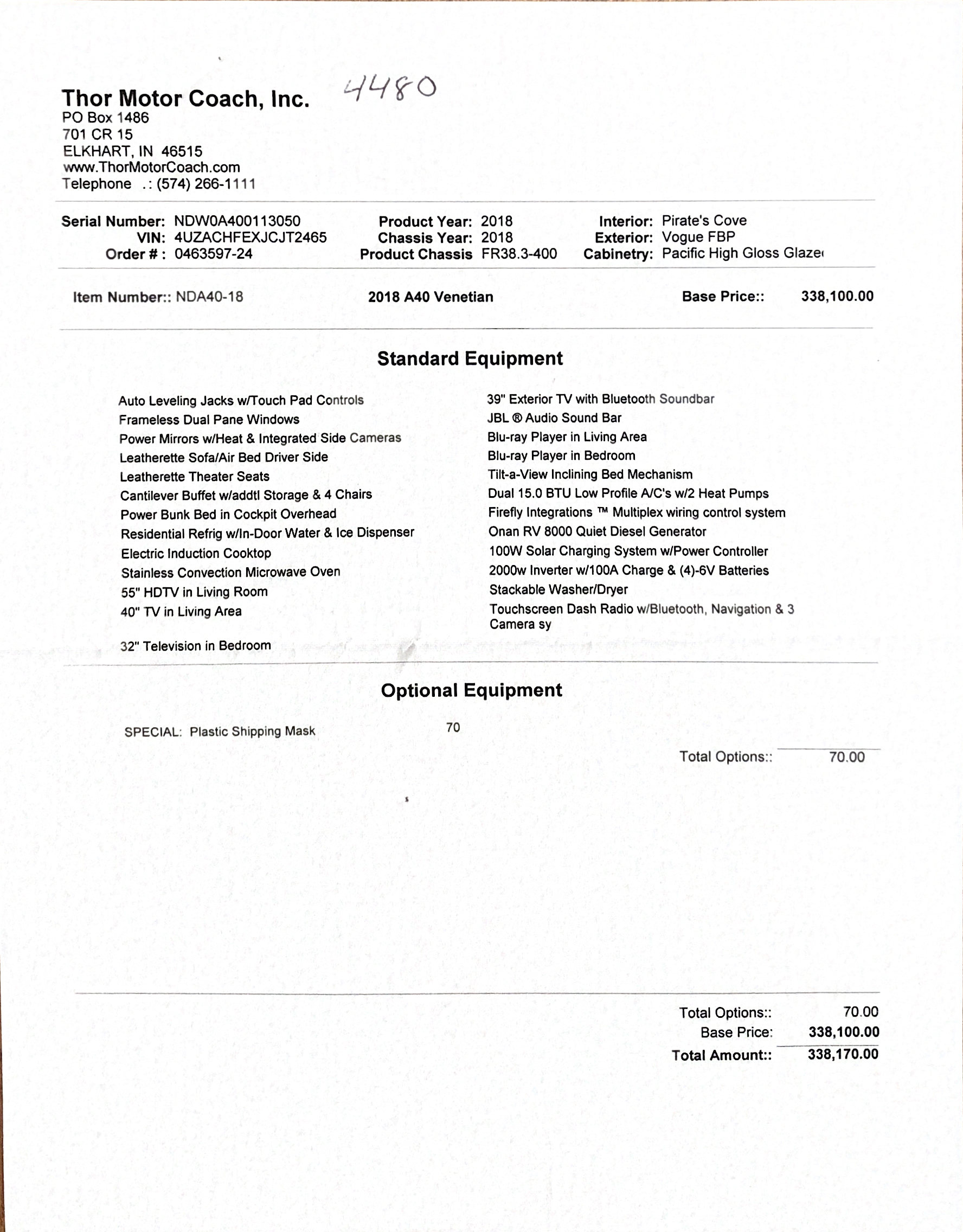 2018 Thor Venetian A40 MSRP Sheet