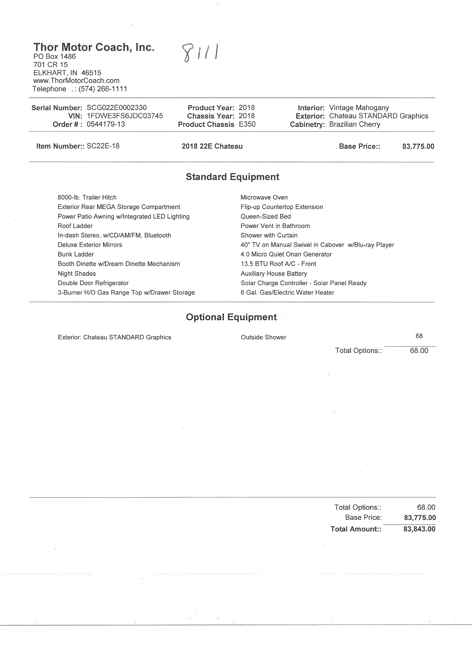 2018 Thor Chateau 22E MSRP Sheet