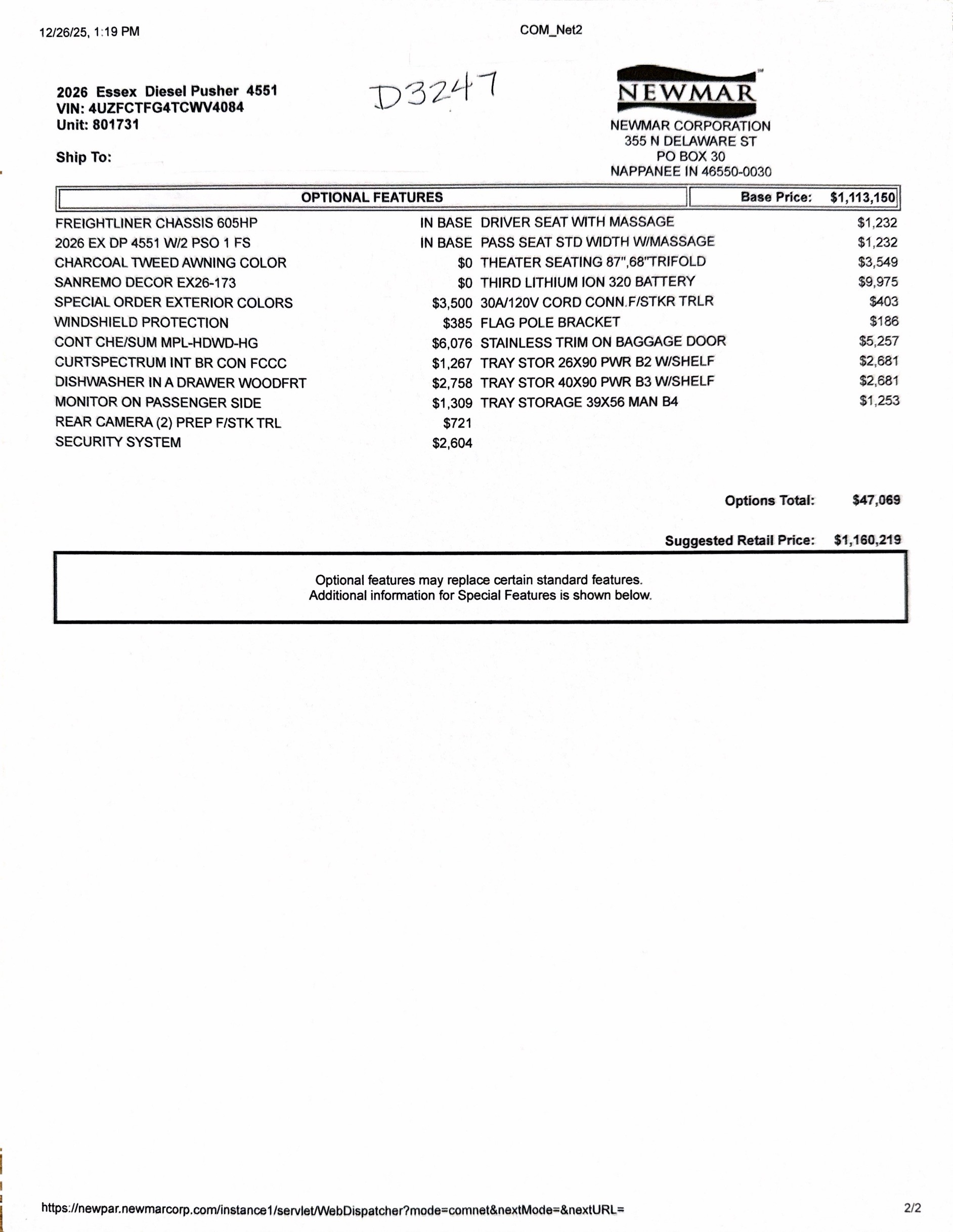 2026 Newmar Essex 4551 MSRP Sheet