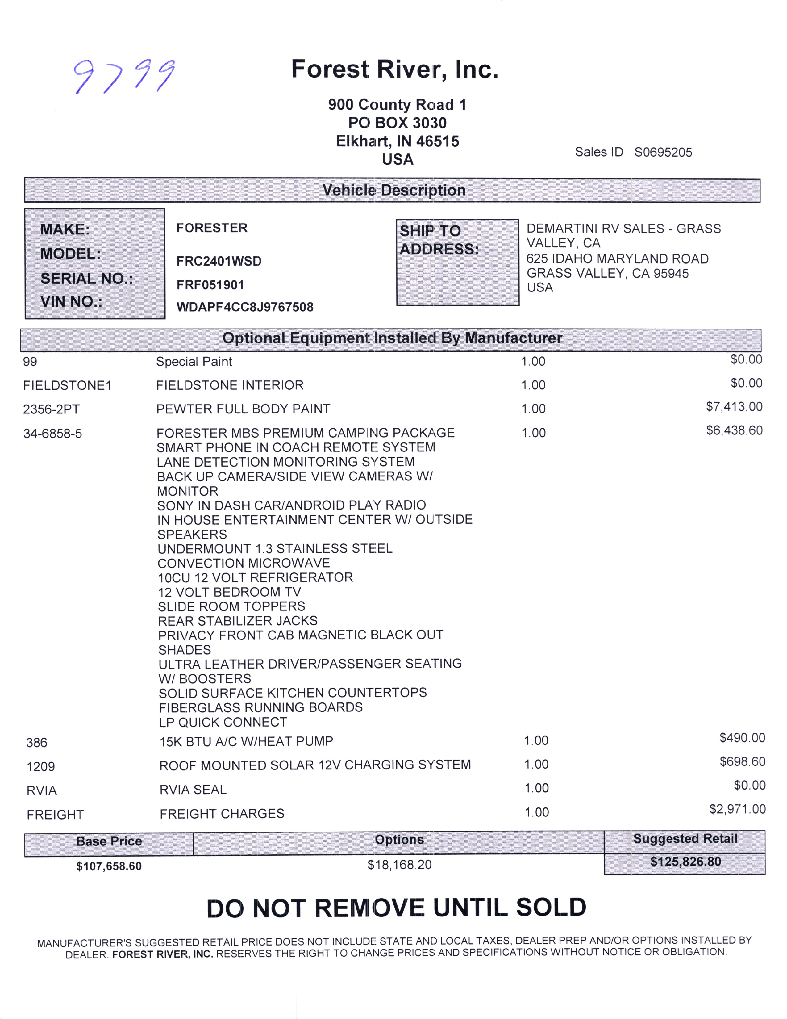 2020 Forest River Forester MBS 2401W MSRP Sheet