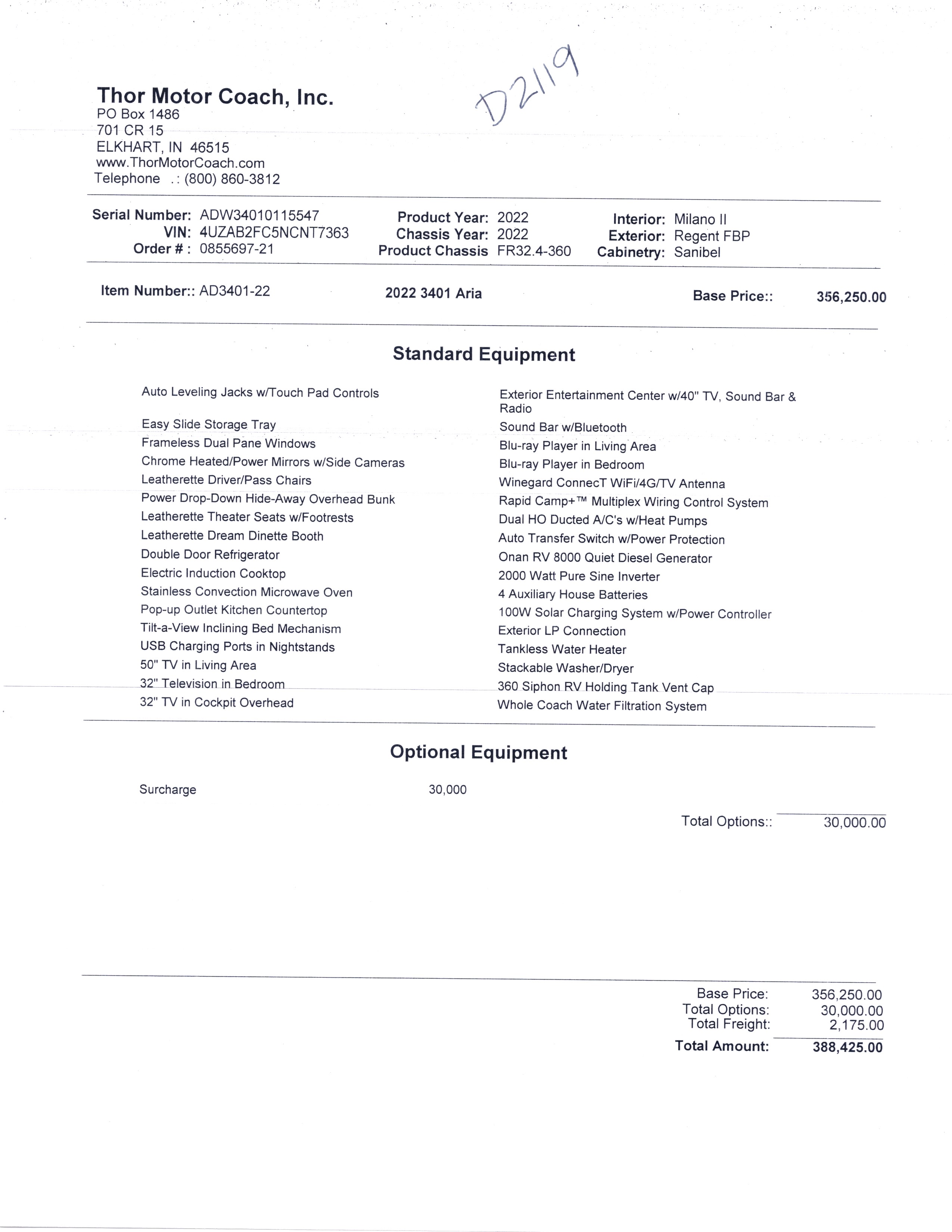 2022 Thor Aria 3401 MSRP Sheet