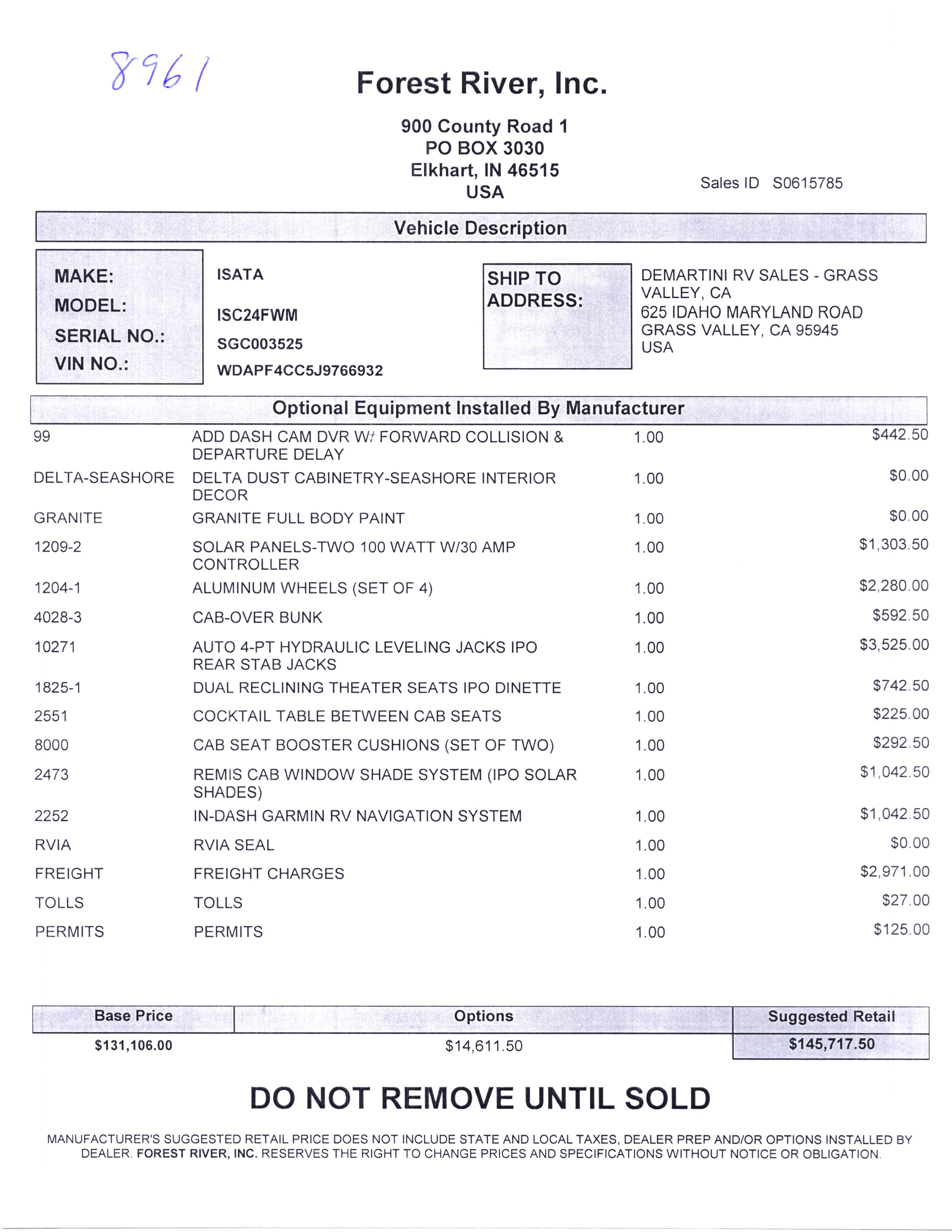 2020 Dynamax Isata 3 24FW MSRP Sheet