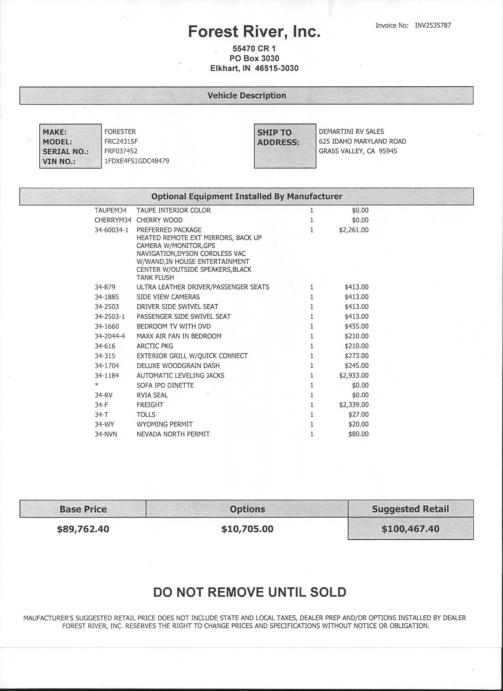 2017 Forest River Forester GTS 2431S MSRP Sheet