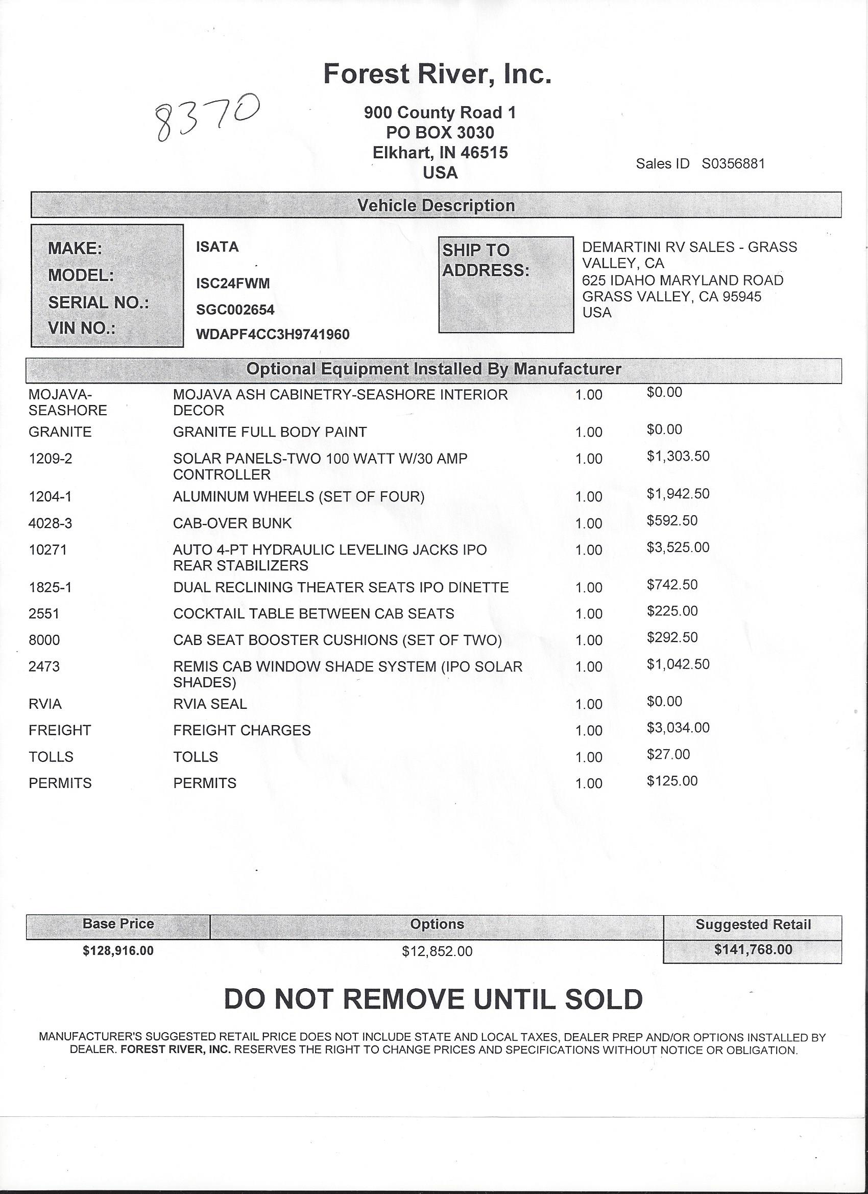 2019 Dynamax Isata 3 24FW MSRP Sheet