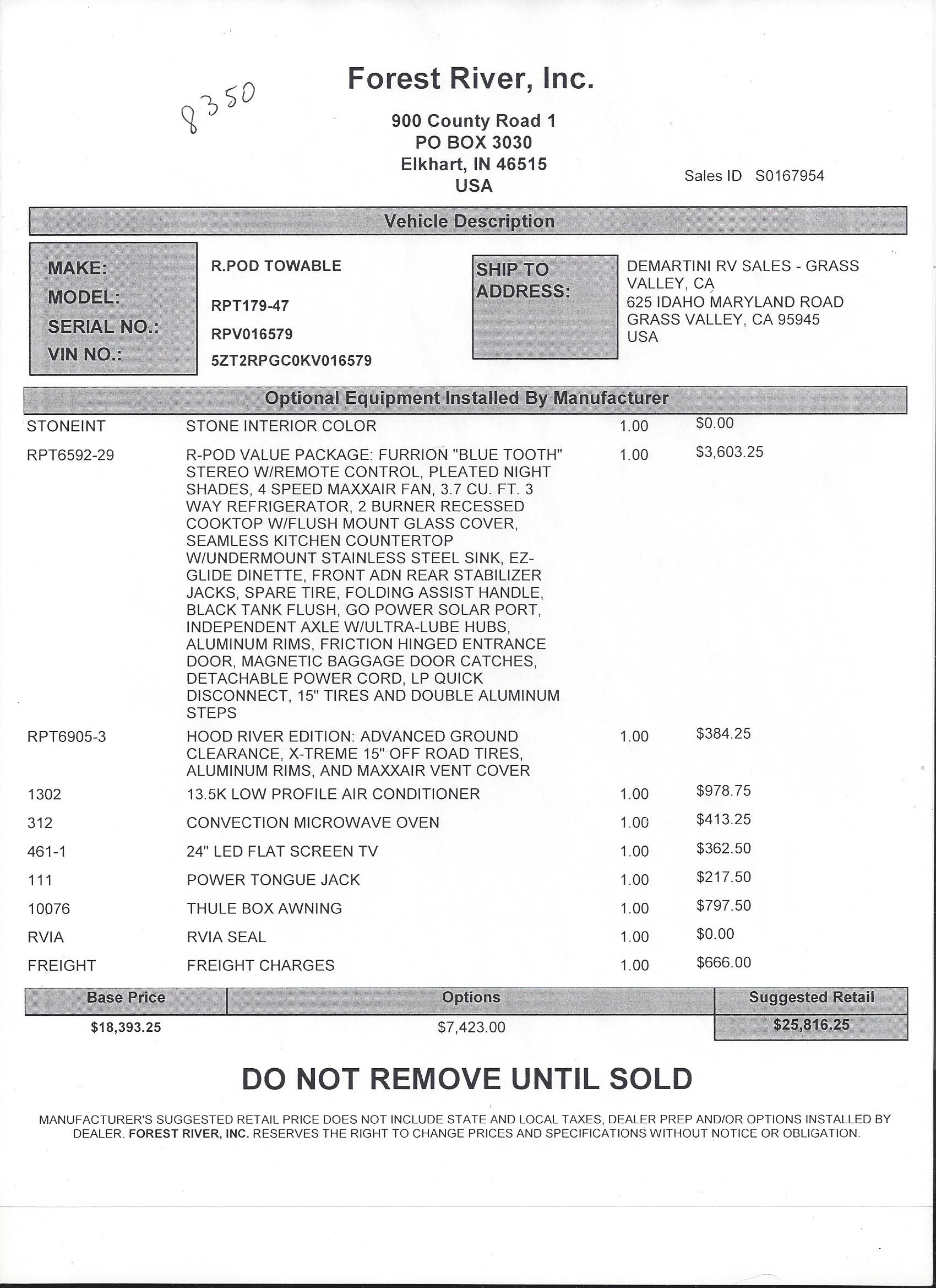 2019 Forest River R-Pod 179 MSRP Sheet