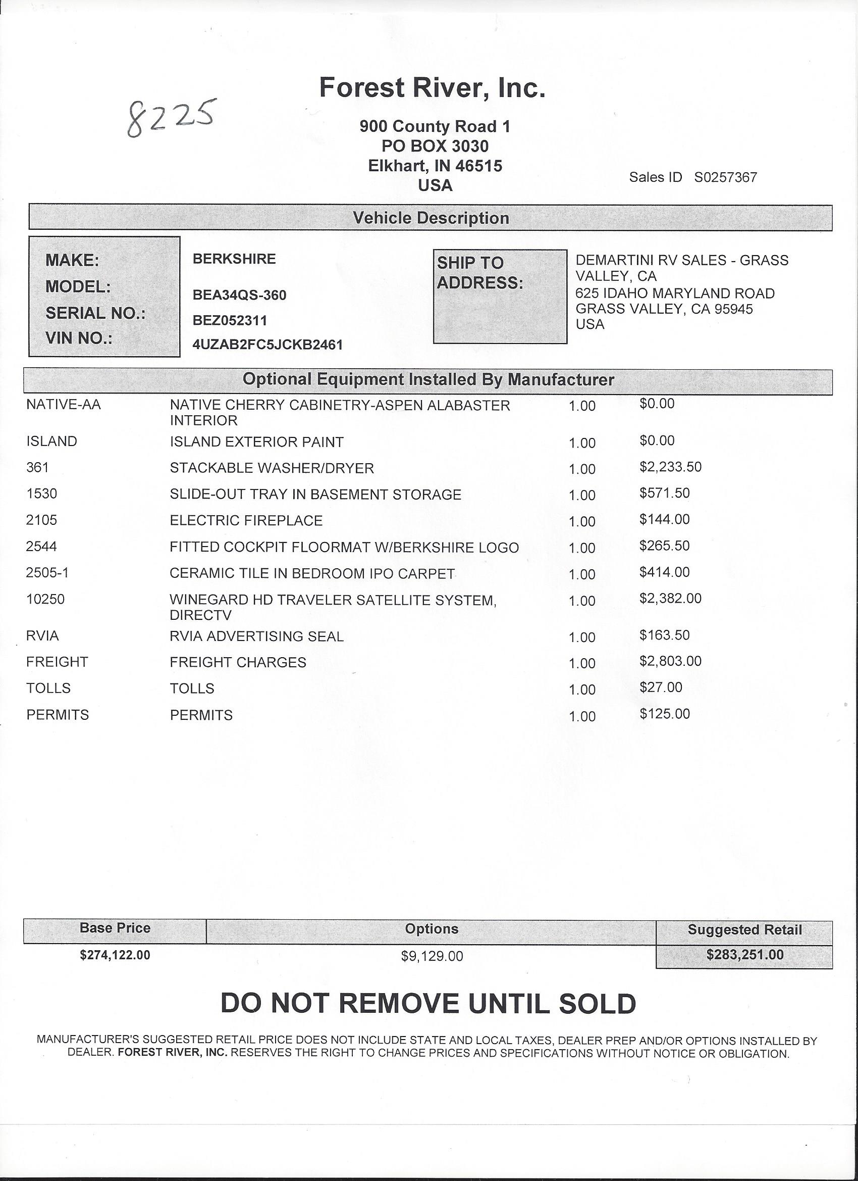 2018 Forest River Berkshire 34QS MSRP Sheet