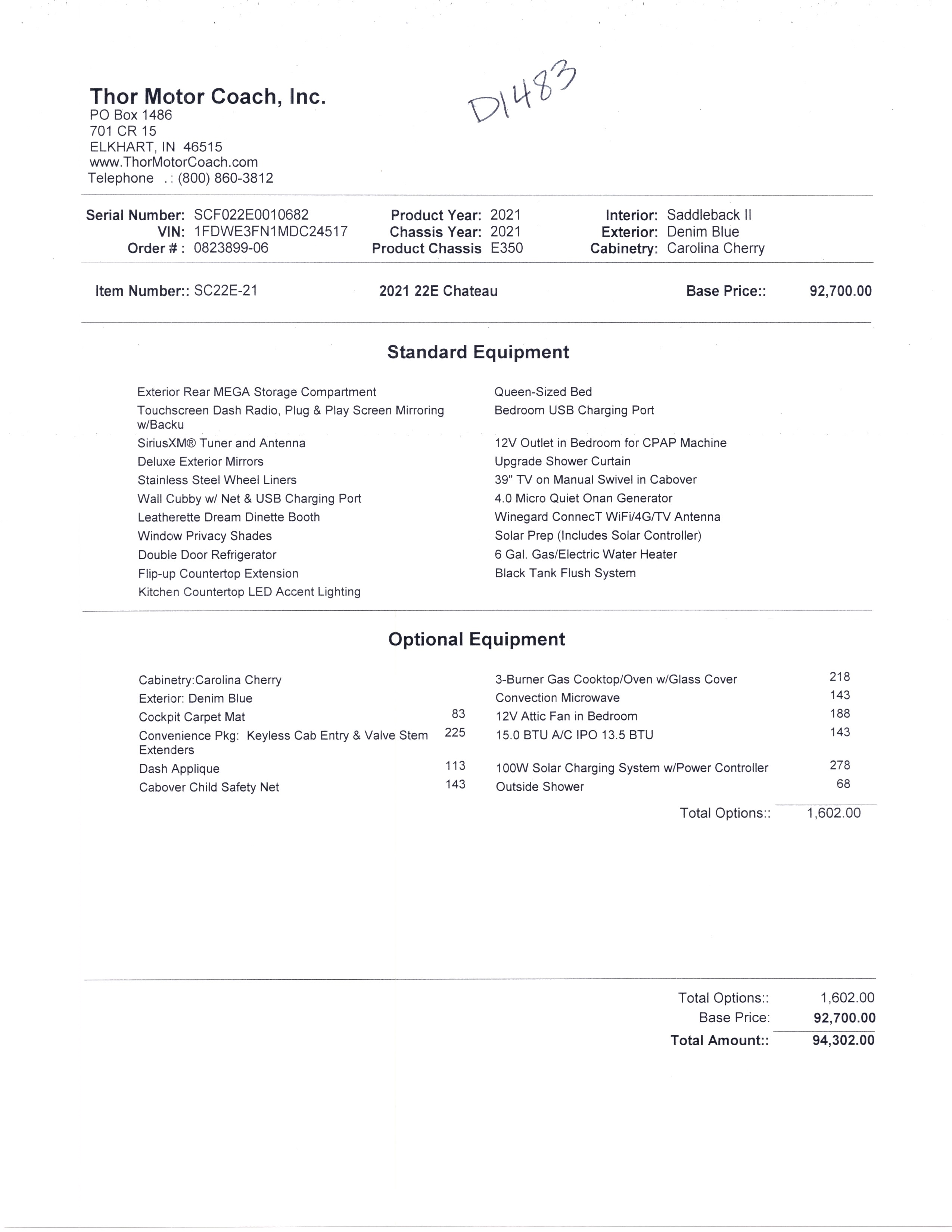 2021 Thor Chateau 22E MSRP Sheet