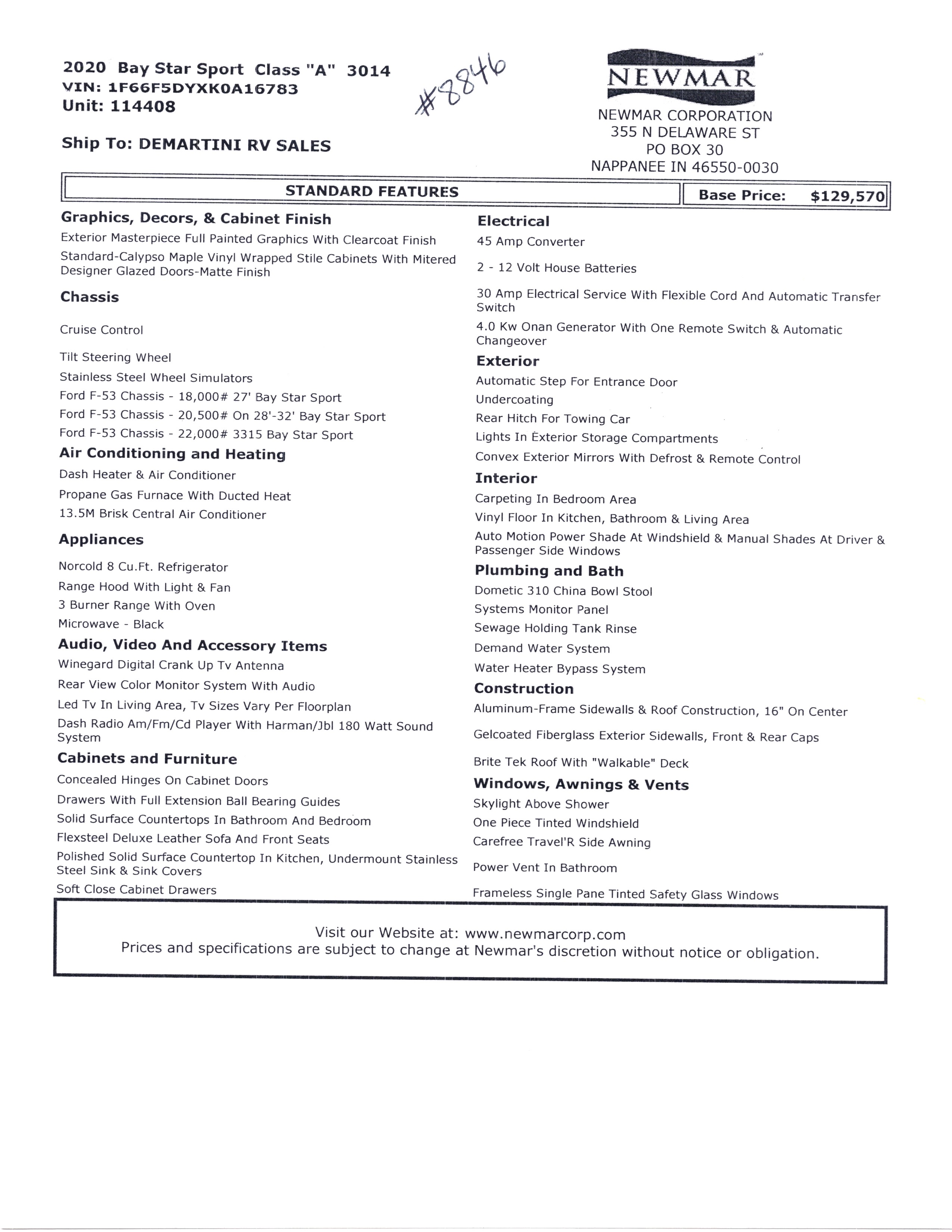 2020 Newmar Bay Star Sport 3014 MSRP Sheet