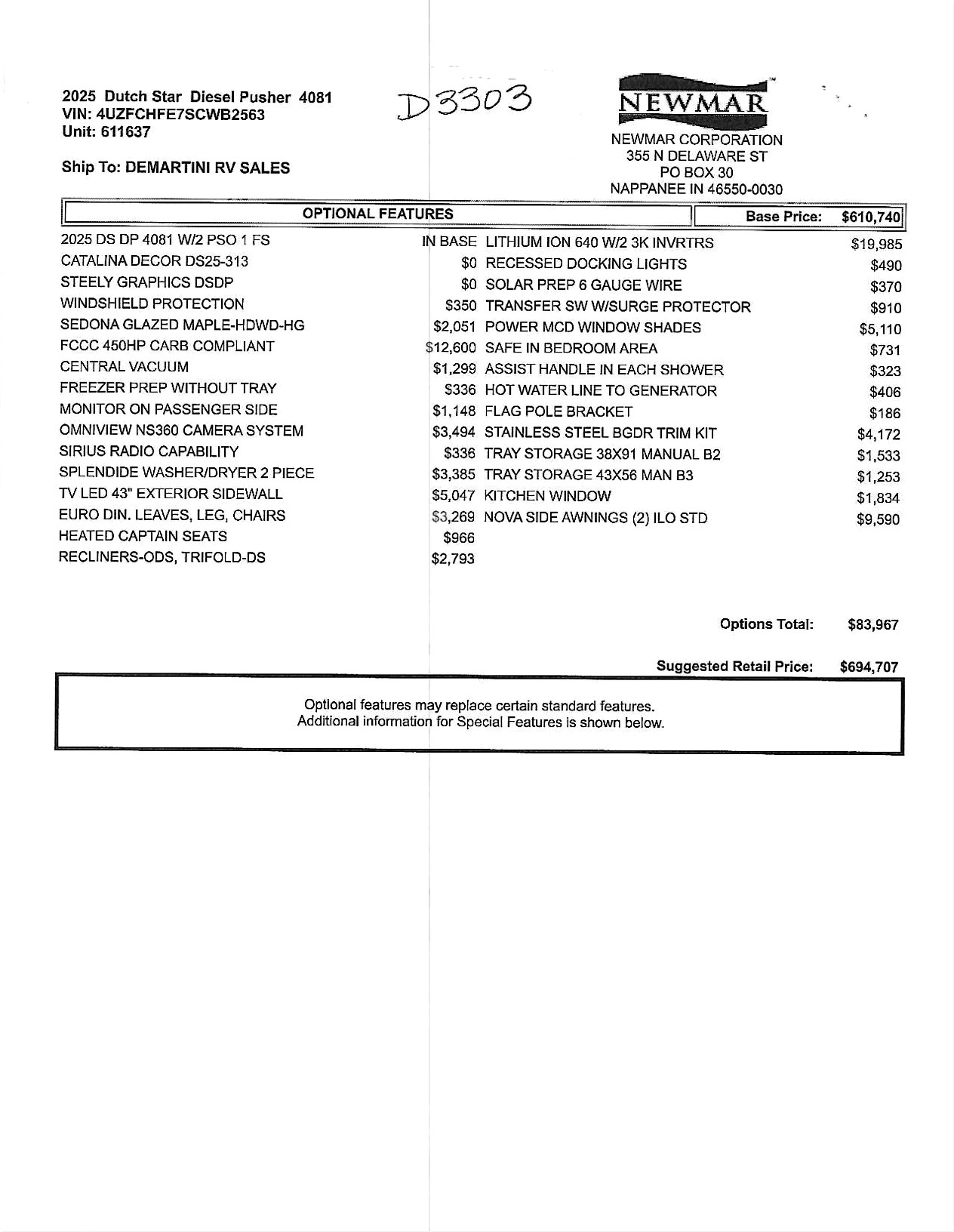 2025 Newmar Dutch Star 4081 MSRP Sheet