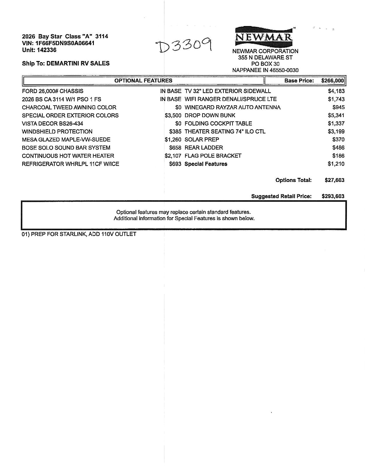 2026 Newmar Bay Star 3114 MSRP Sheet
