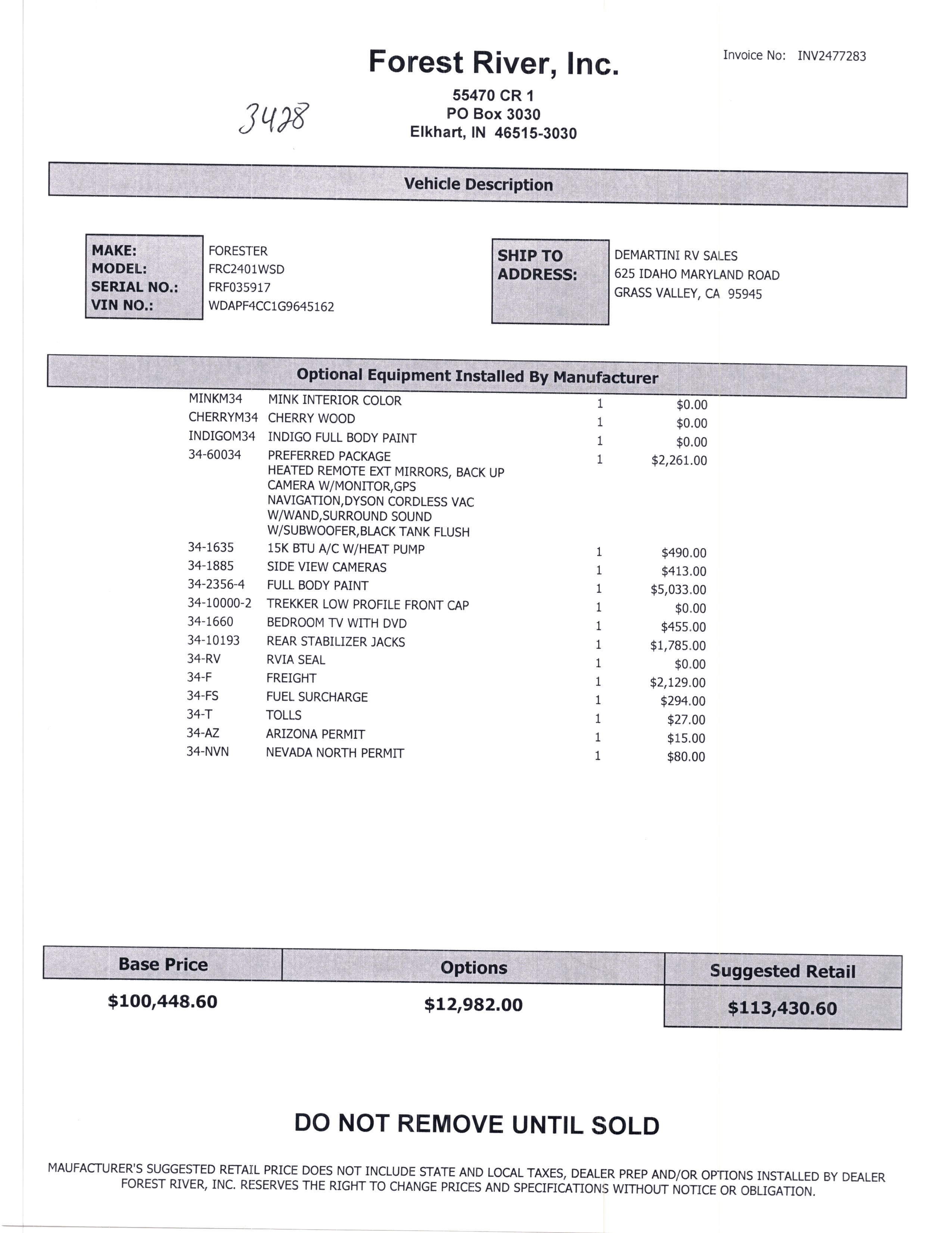 2016 Forest River Forester MBS 2401W MSRP Sheet