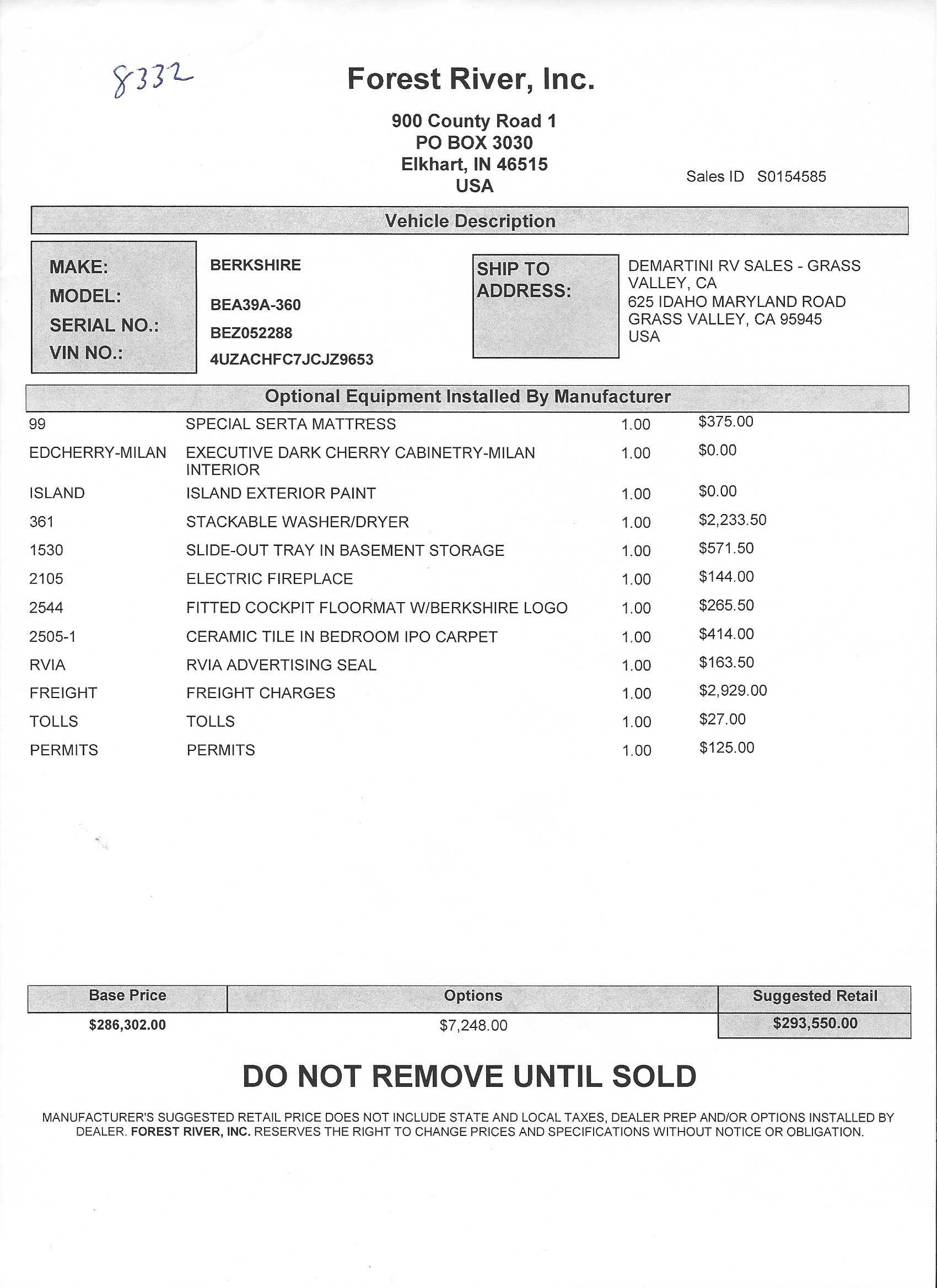 2018 Forest River Berkshire 39A MSRP Sheet