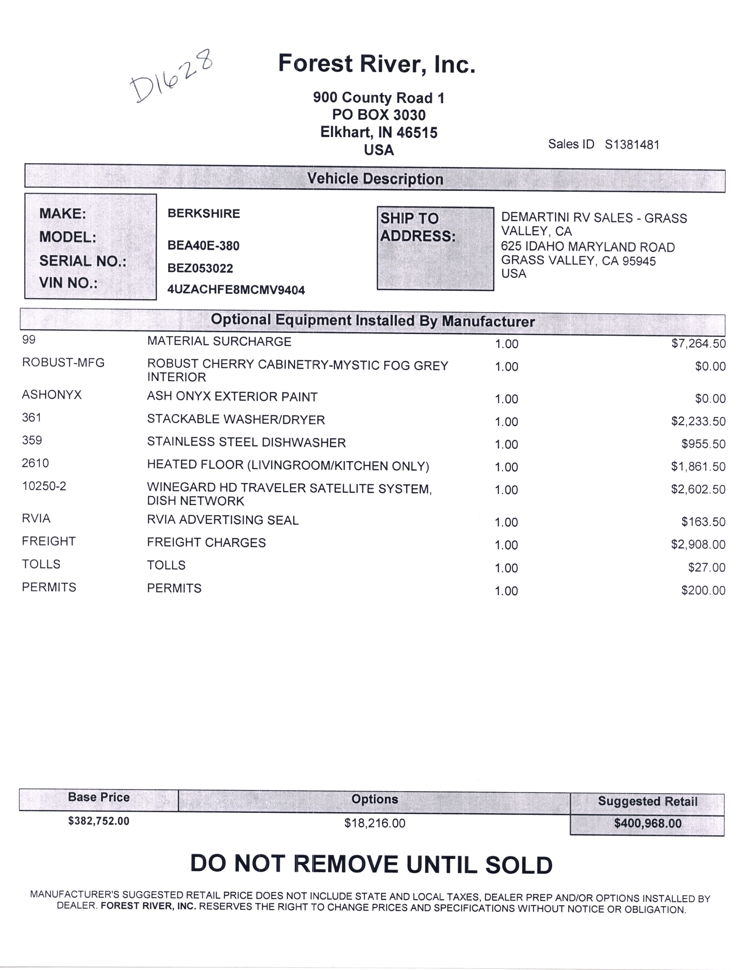 2021 Forest River Berkshire 40E MSRP Sheet