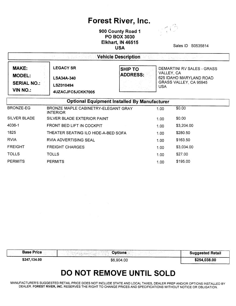 2019 Forest River Legacy SR 340 34A MSRP Sheet