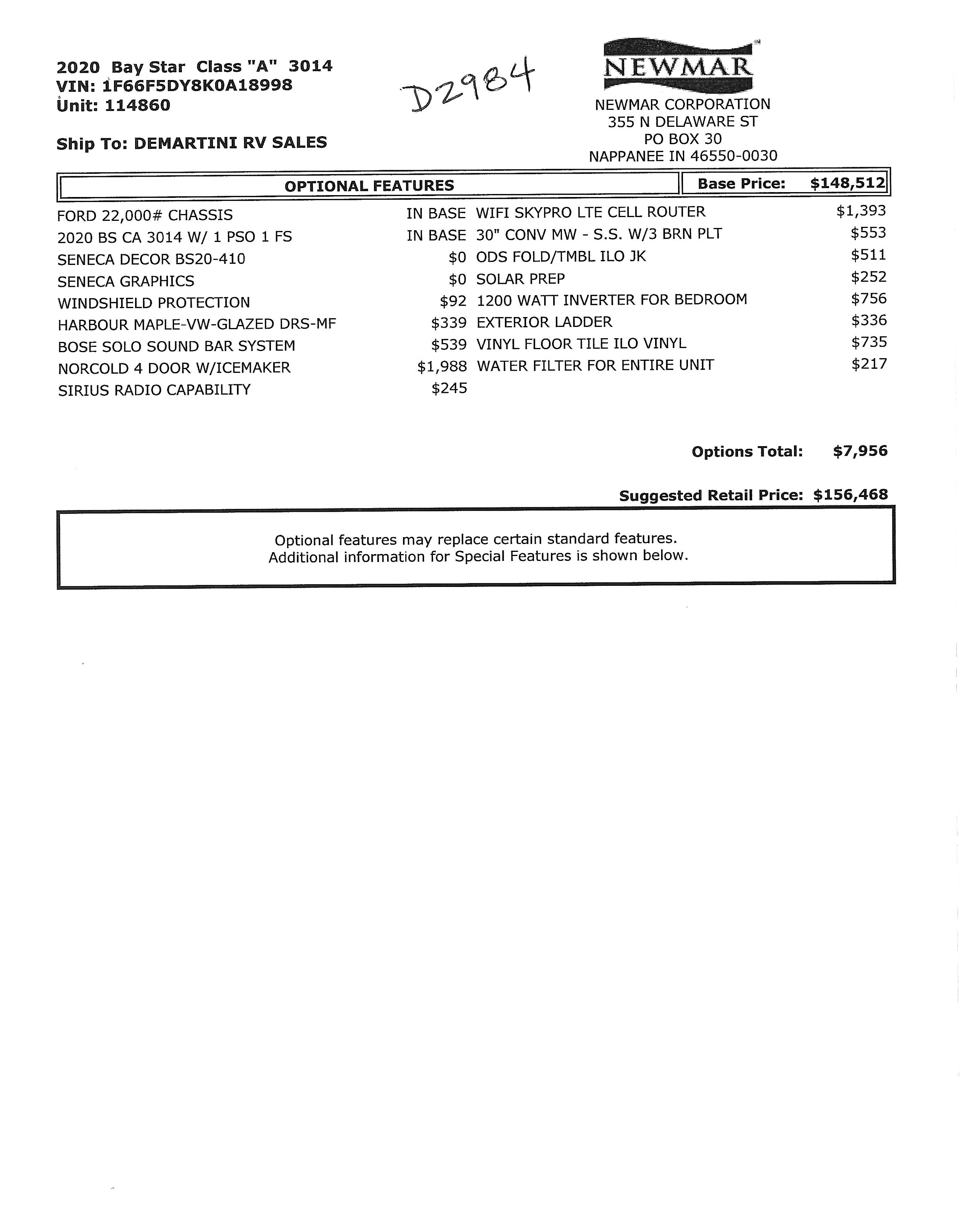 2020 Newmar Bay Star 3014 MSRP Sheet
