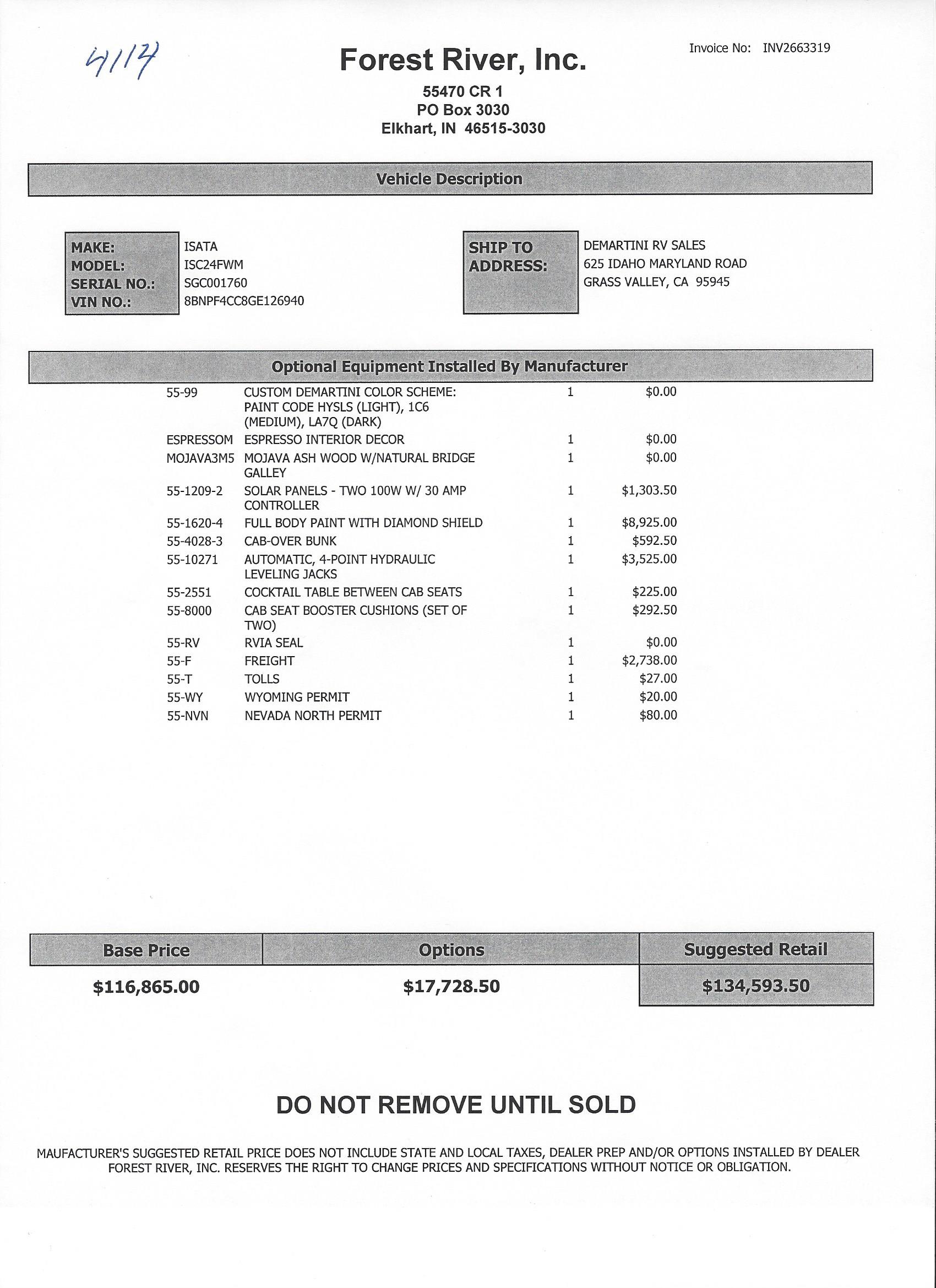 2018 Dynamax Isata 3 24FW MSRP Sheet