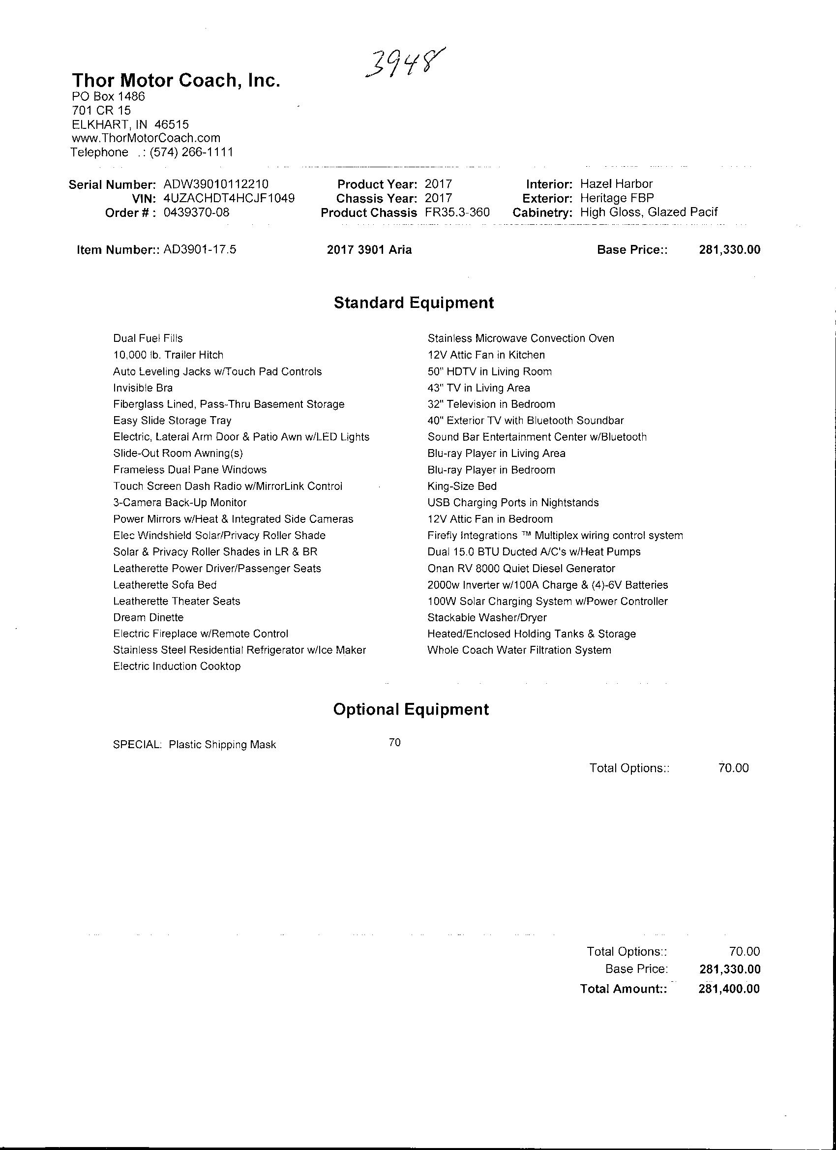 2017 Thor Aria 3901 MSRP Sheet